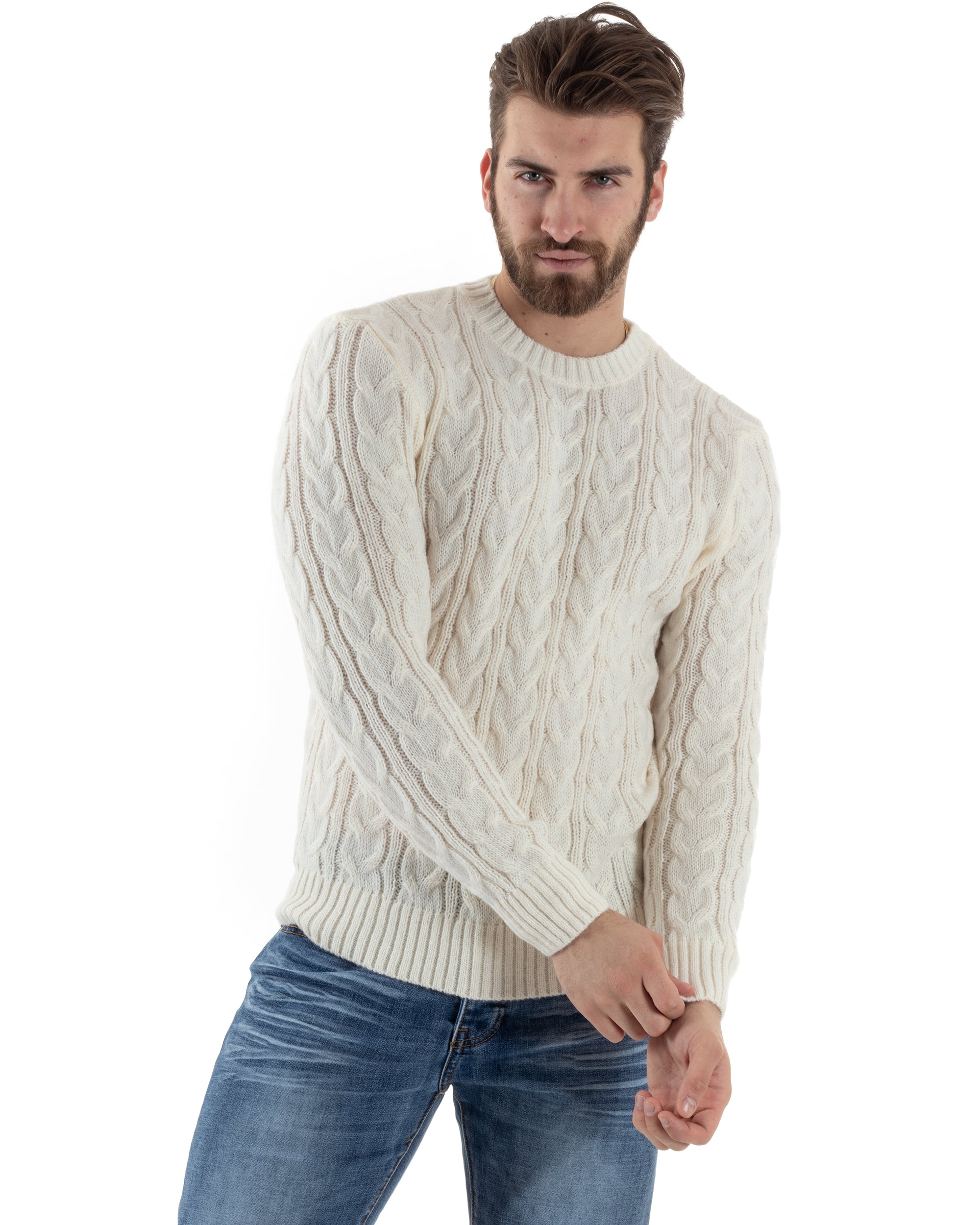 Maglione Con Trecce Uomo Girocollo Maglia Maglioncino Intrecciato Panna GIOSAL-M2801A