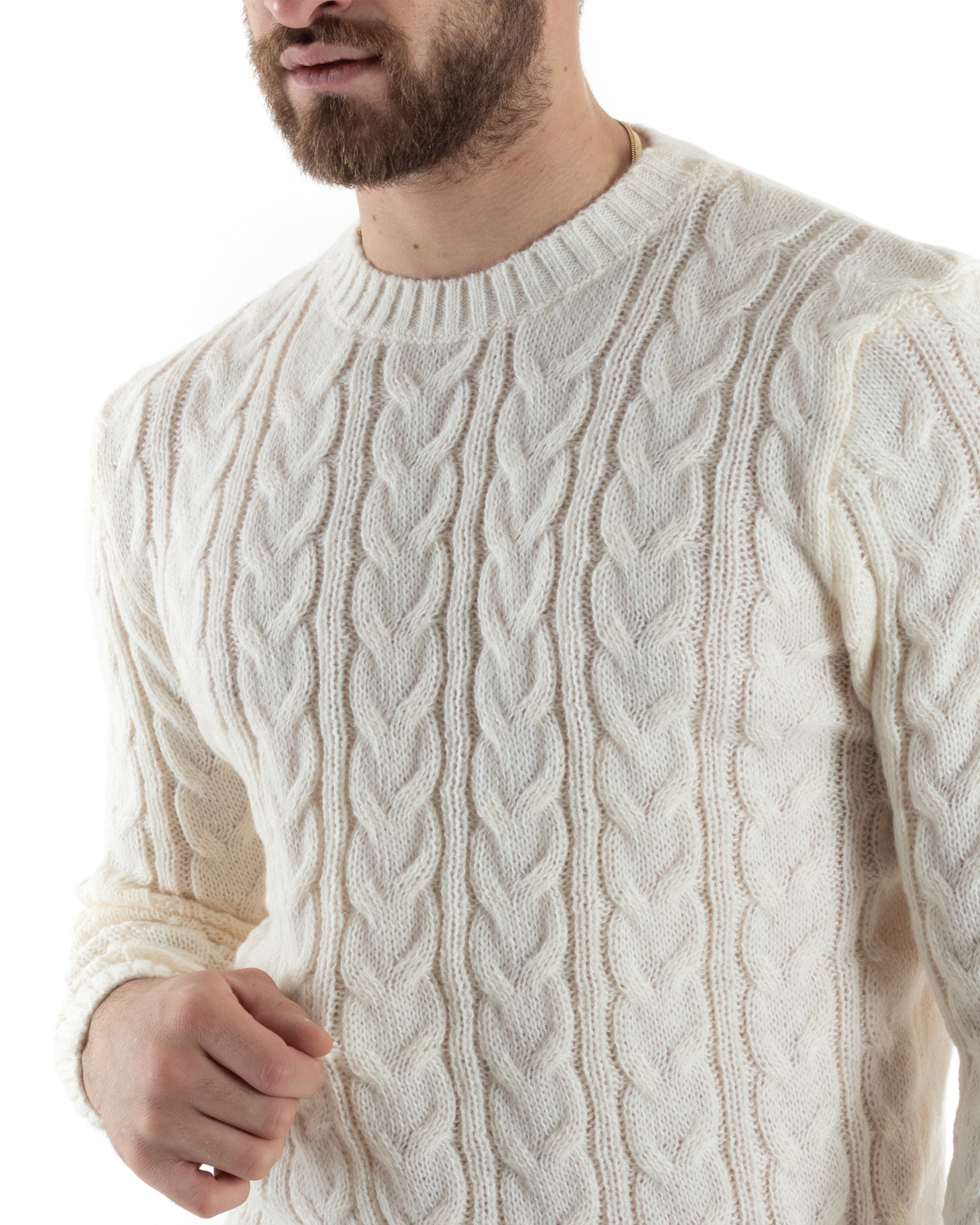 Maglione Uomo Girocollo Con Trecce Maglia Intrecciata Panna M2801A