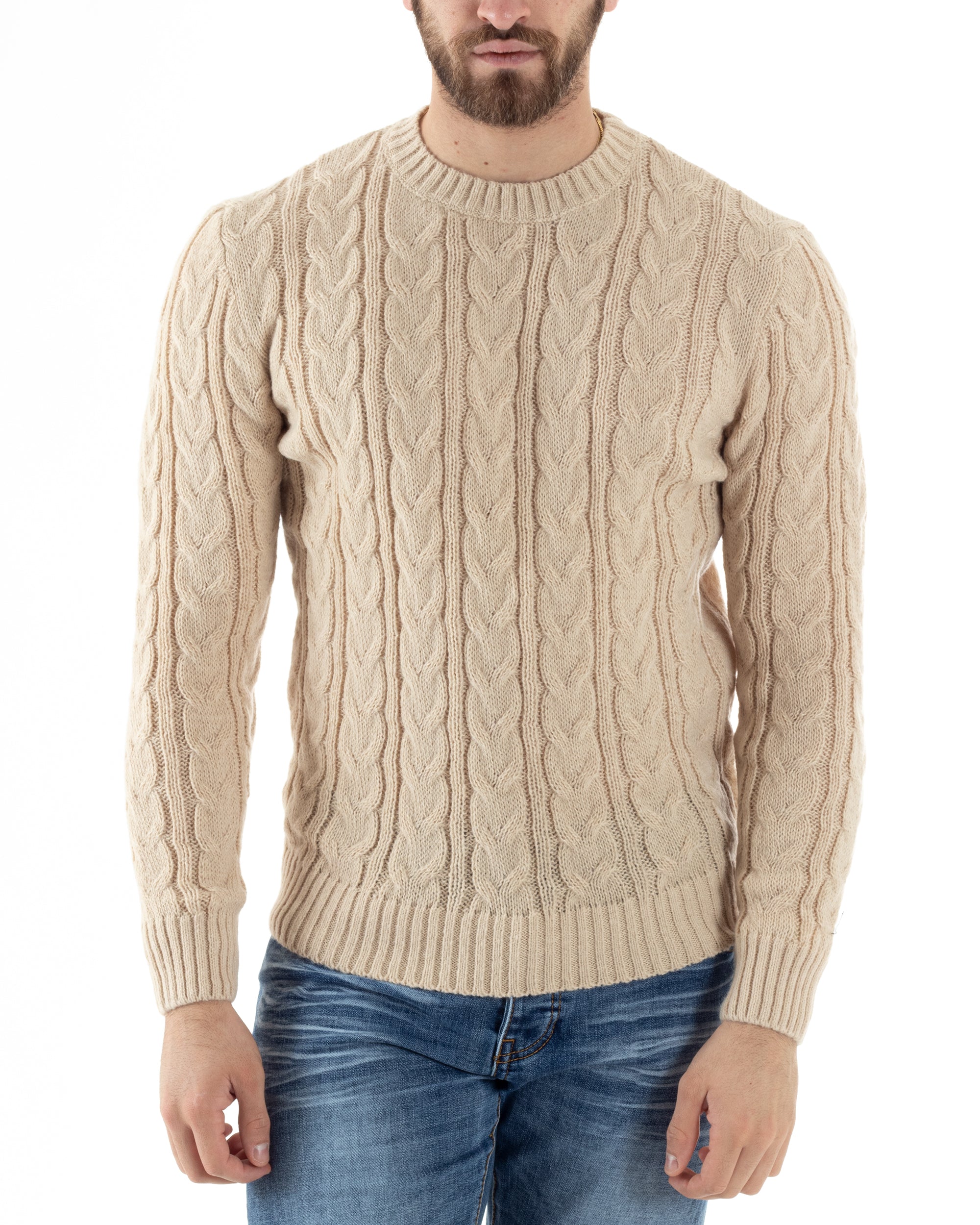 Maglione Uomo Girocollo Con Trecce Maglia Intrecciata Beige M2802A