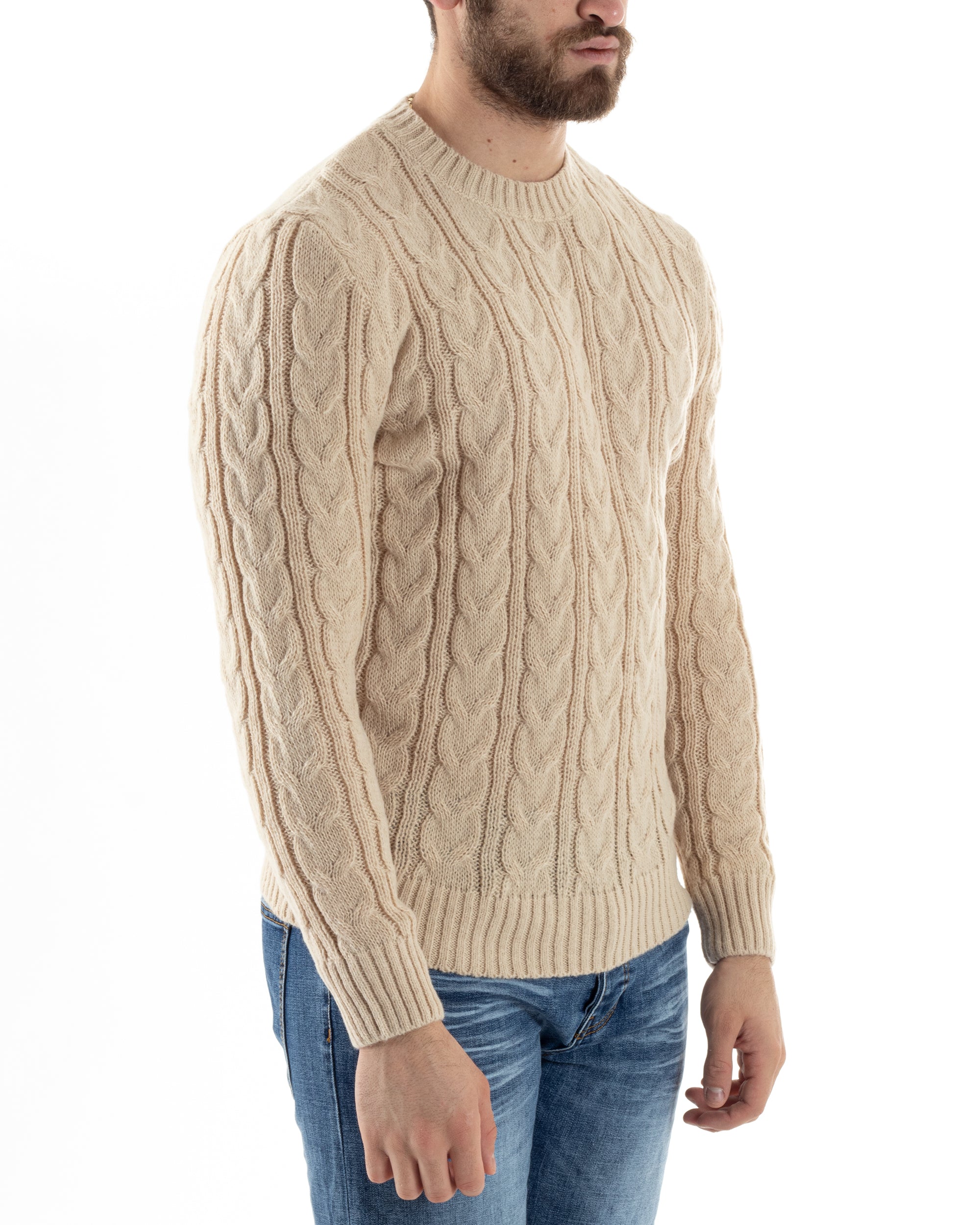 Maglione Uomo Girocollo Con Trecce Maglia Intrecciata Beige M2802A