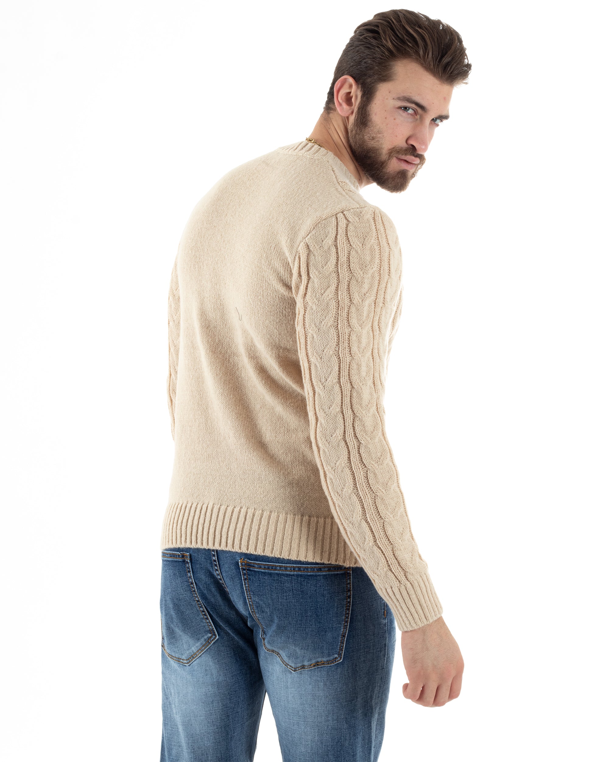 Maglione Uomo Girocollo Con Trecce Maglia Intrecciata Beige M2802A