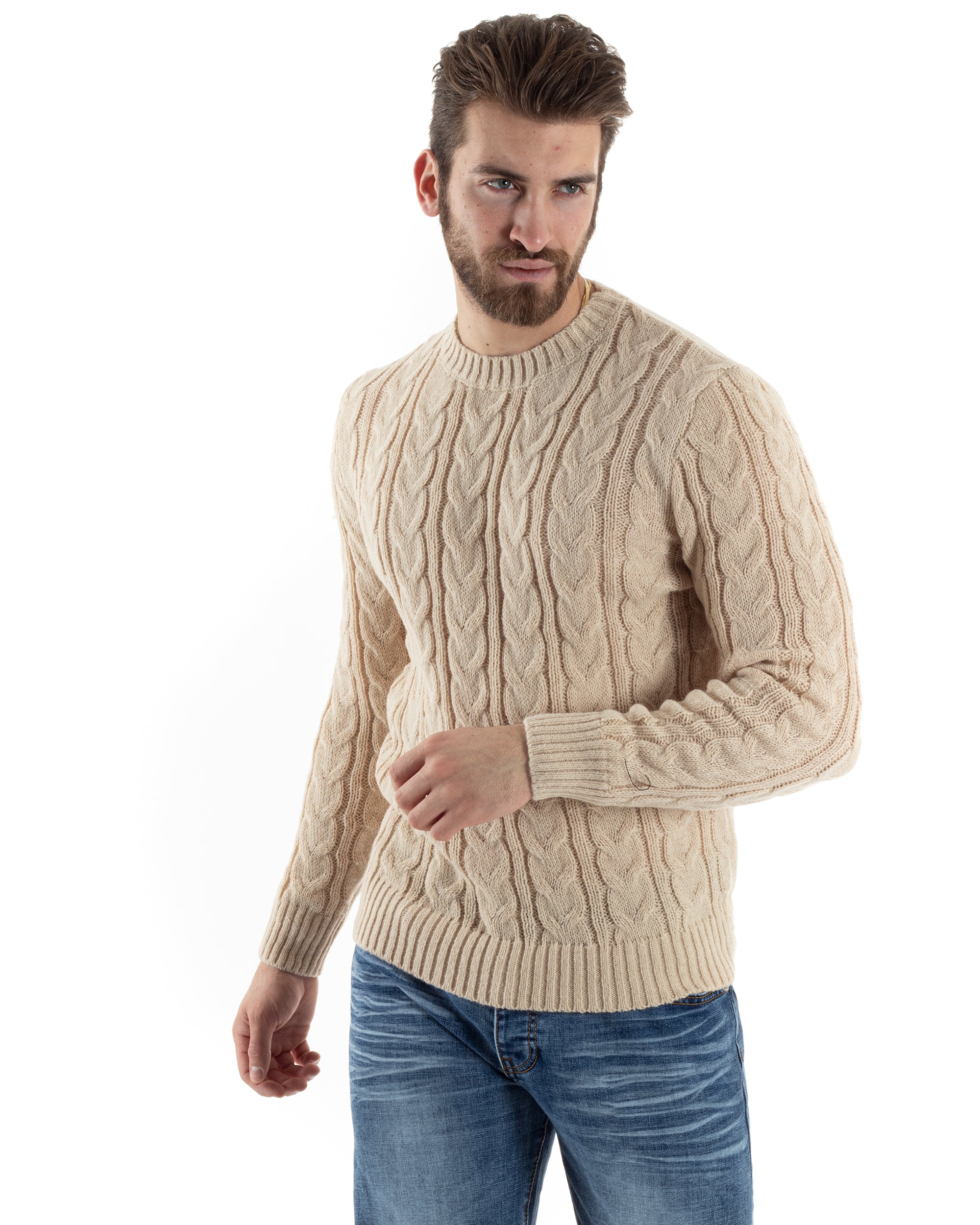 Maglione Uomo Girocollo Con Trecce Maglia Intrecciata Beige M2802A