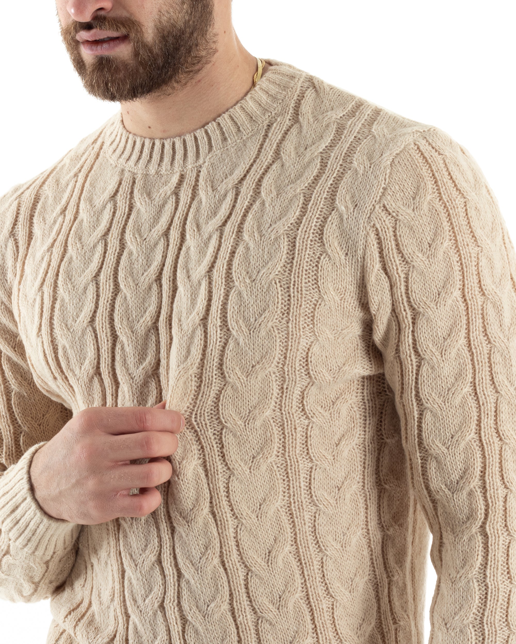 Maglione Uomo Girocollo Con Trecce Maglia Intrecciata Beige M2802A