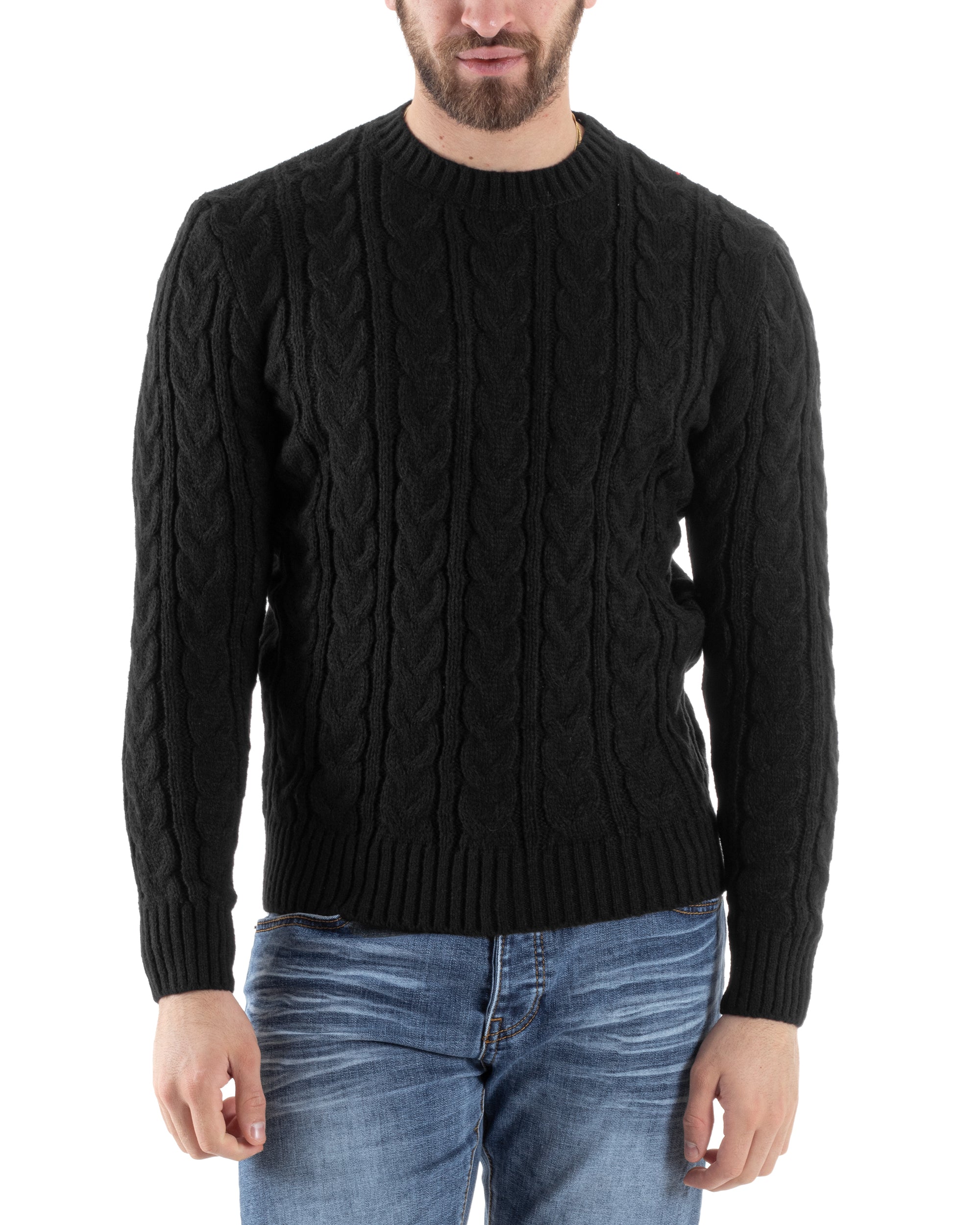 Maglione Uomo Girocollo Con Trecce Maglia Intrecciata Nero M2803A