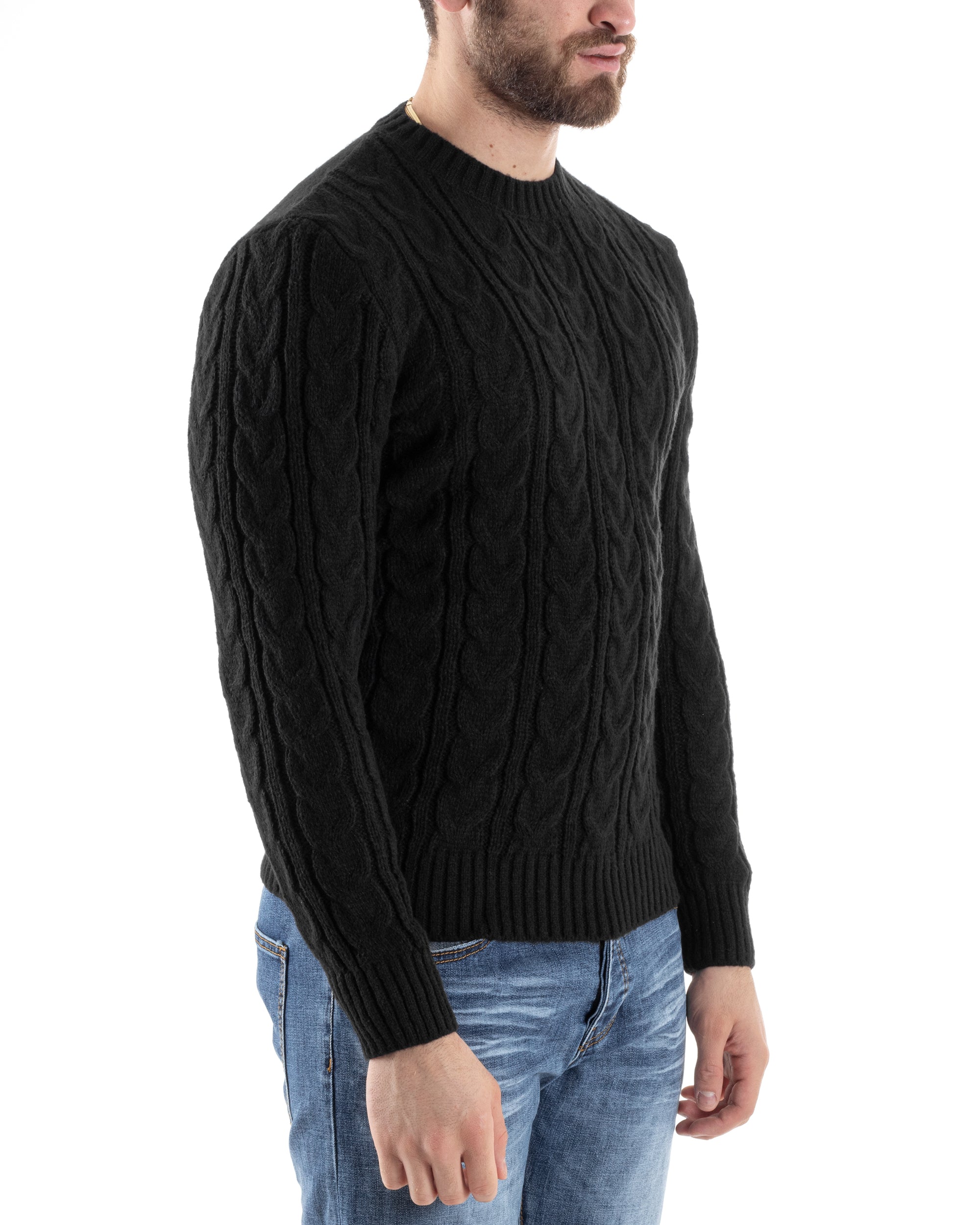 Maglione Uomo Girocollo Con Trecce Maglia Intrecciata Nero M2803A