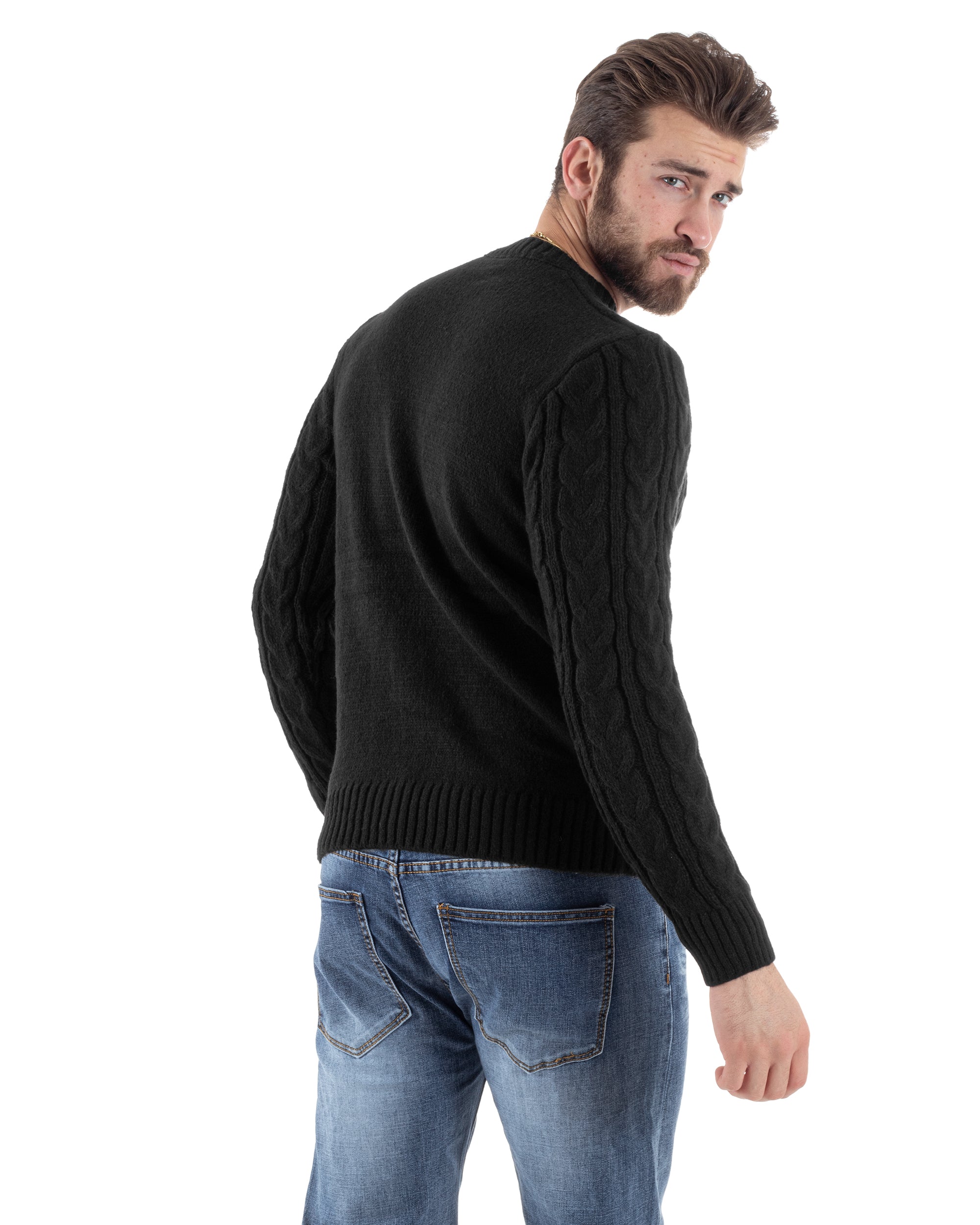 Maglione Uomo Girocollo Con Trecce Maglia Intrecciata Nero M2803A