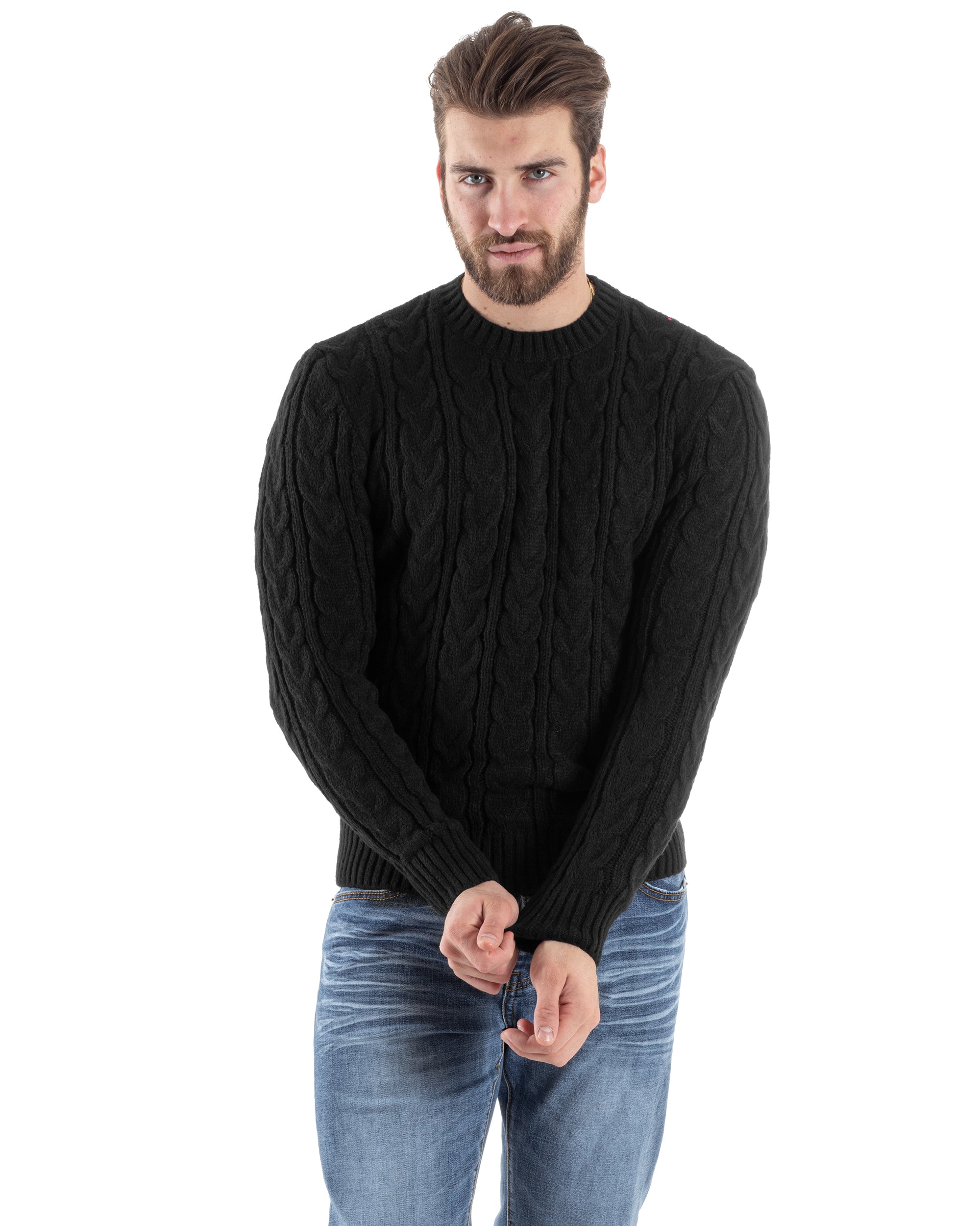 Maglione Uomo Girocollo Con Trecce Maglia Intrecciata Nero M2803A