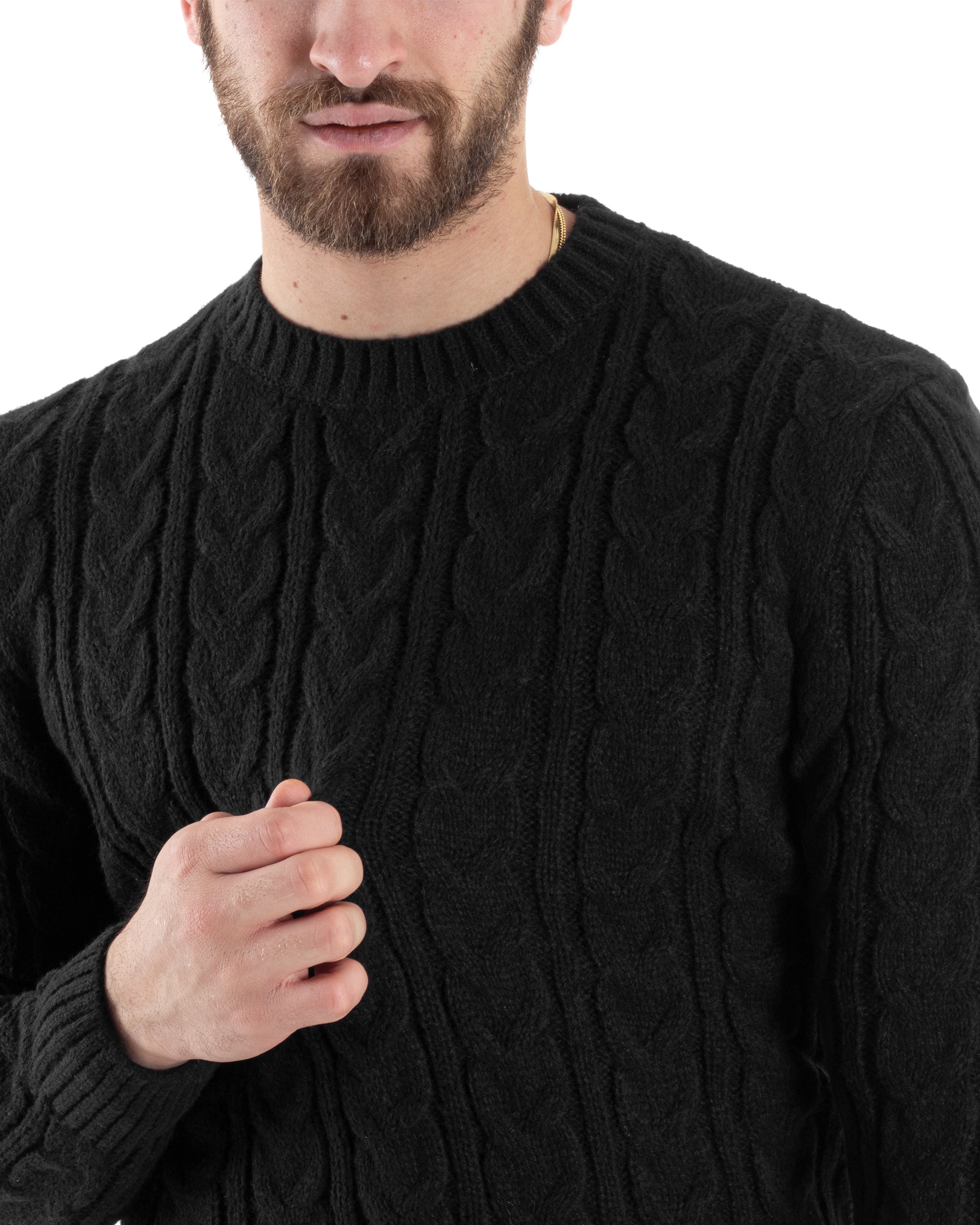 Maglione Uomo Girocollo Con Trecce Maglia Intrecciata Nero M2803A