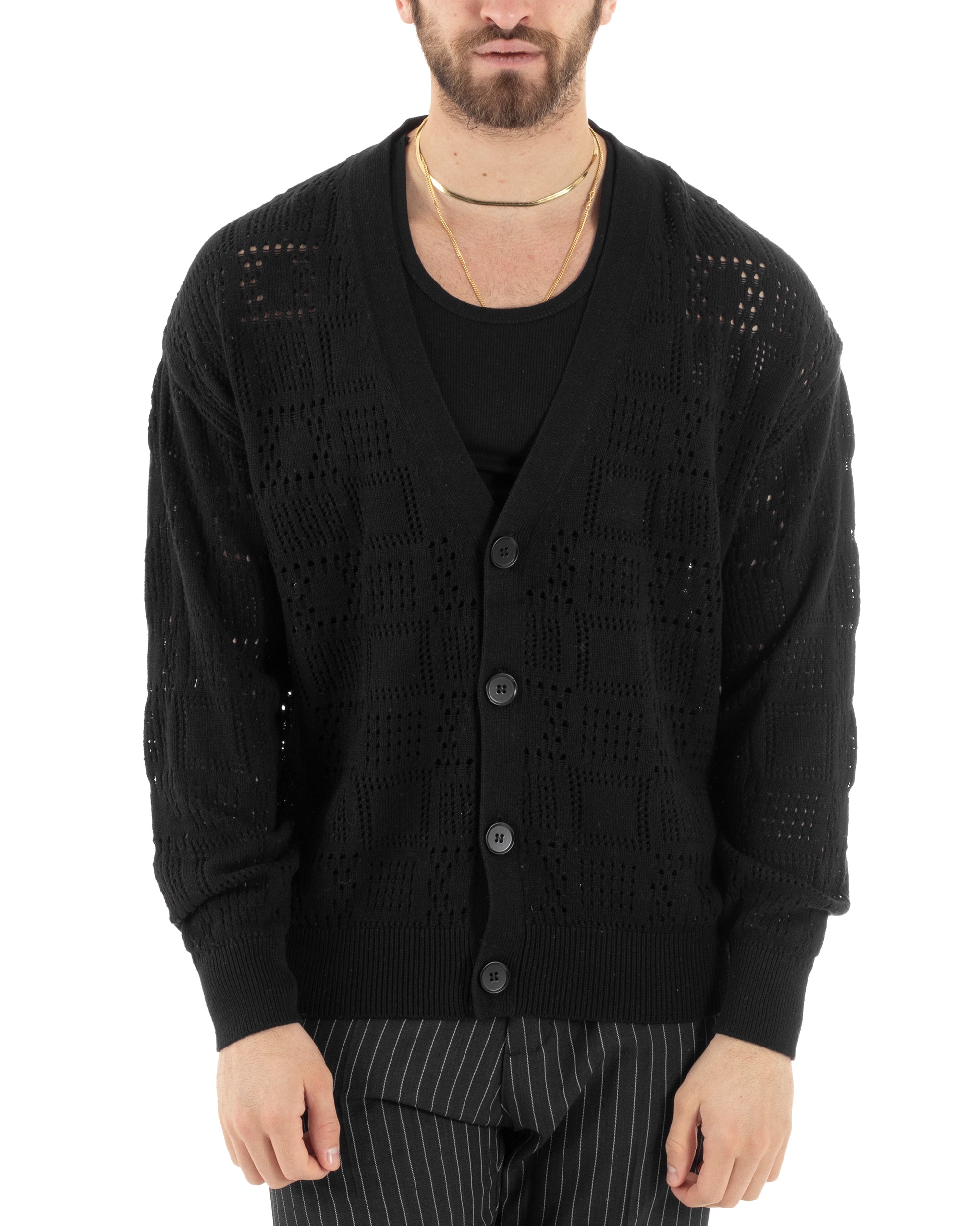 Men's Cardigan Sweater Openwork Jacket with Buttons Black M2812A