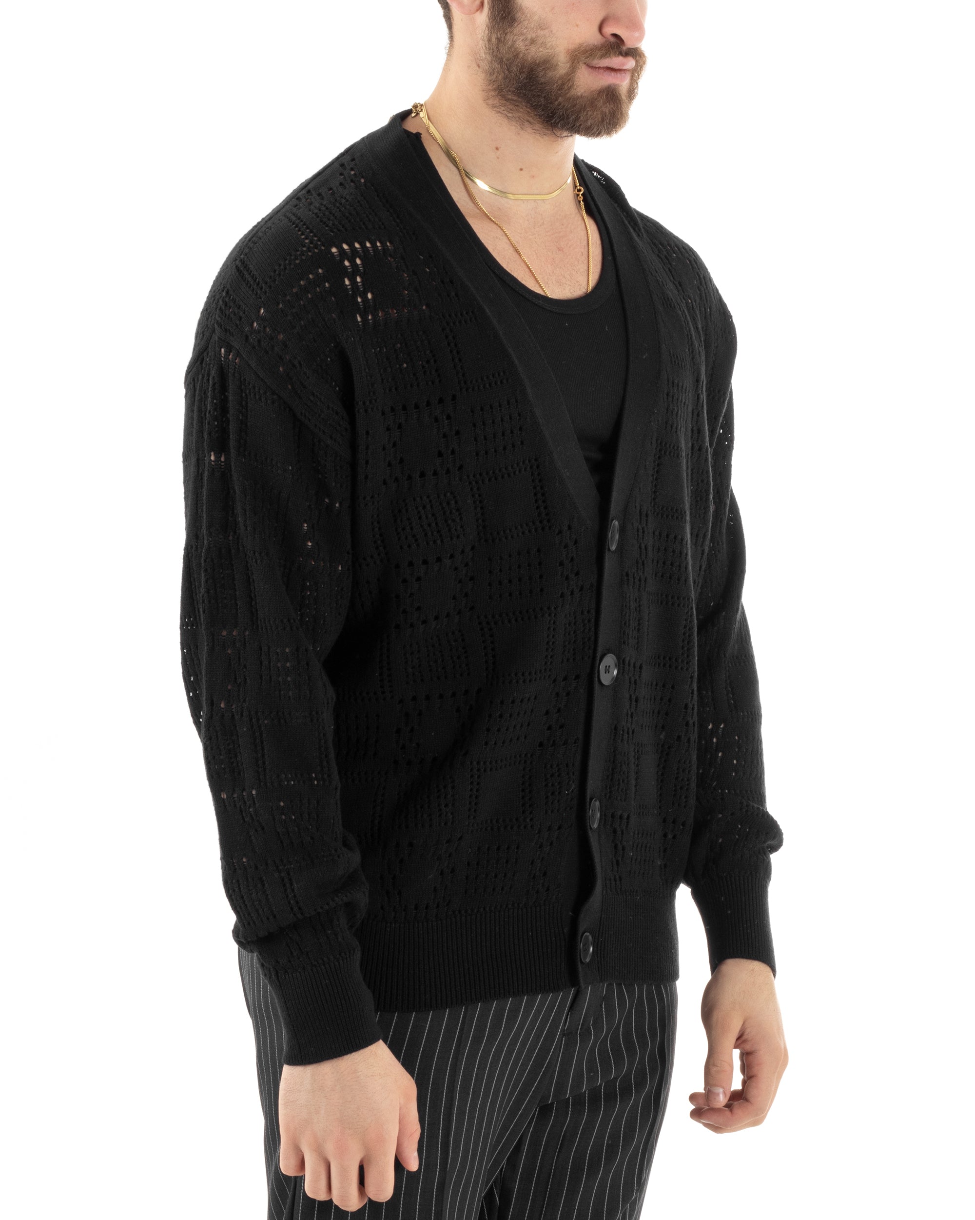 Men's Cardigan Sweater Openwork Jacket with Buttons Black M2812A