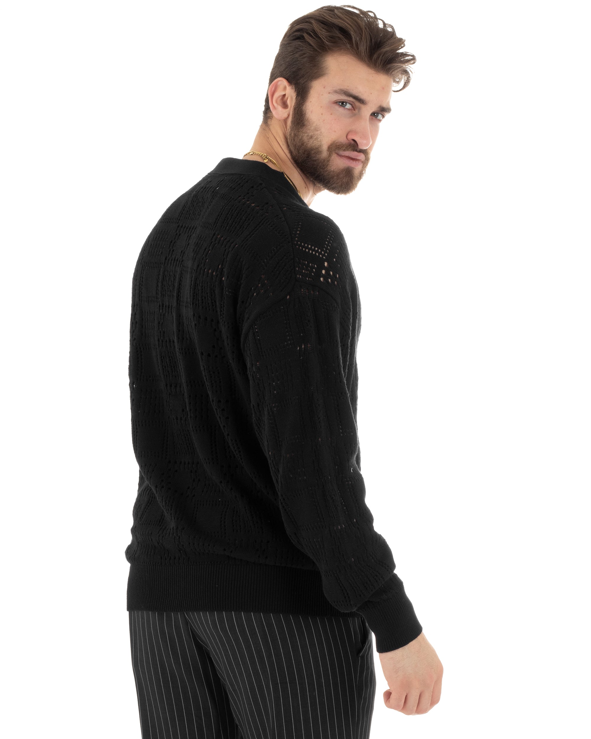 Men's Cardigan Sweater Openwork Jacket with Buttons Black M2812A