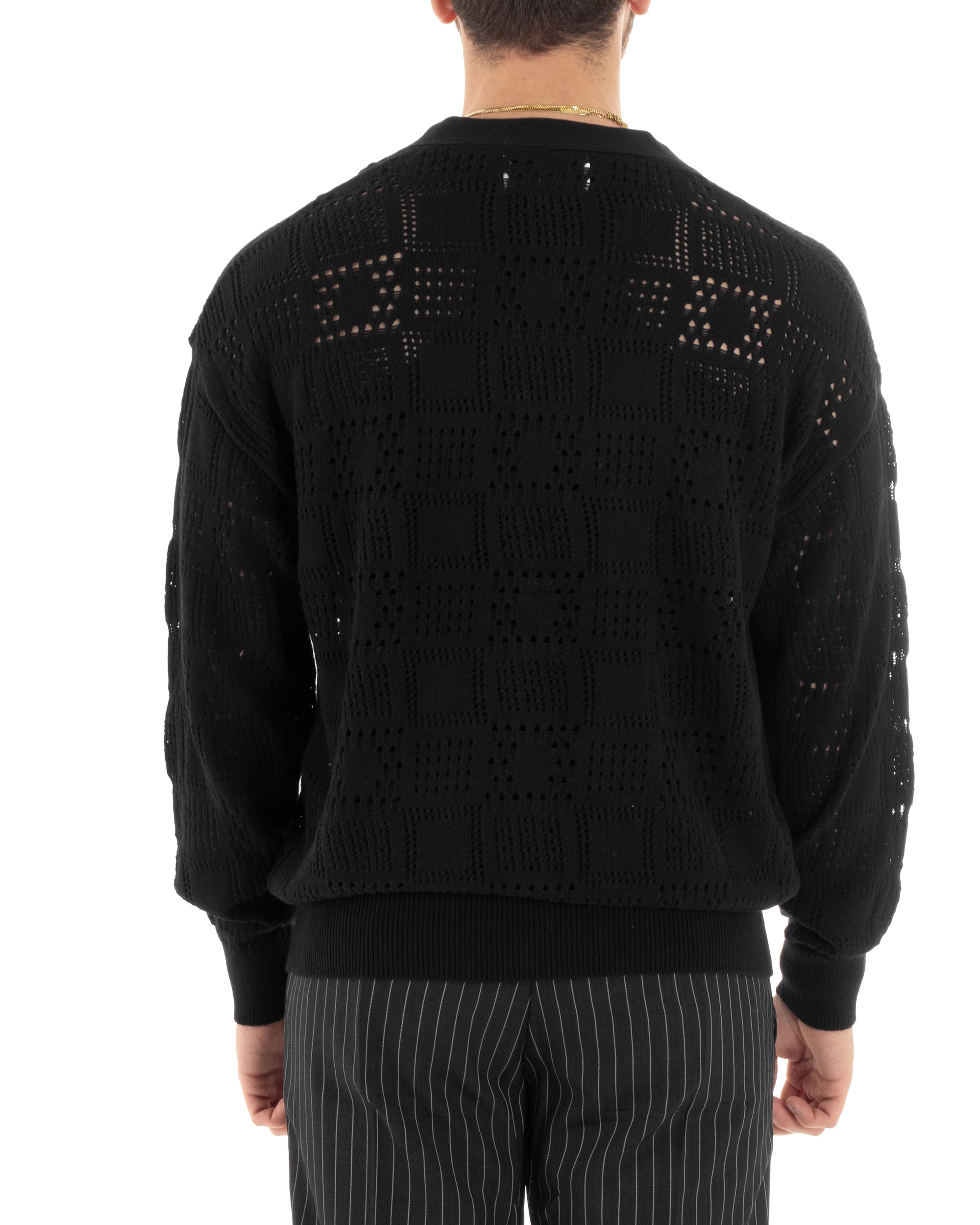 Men's Cardigan Sweater Openwork Jacket with Buttons Black M2812A