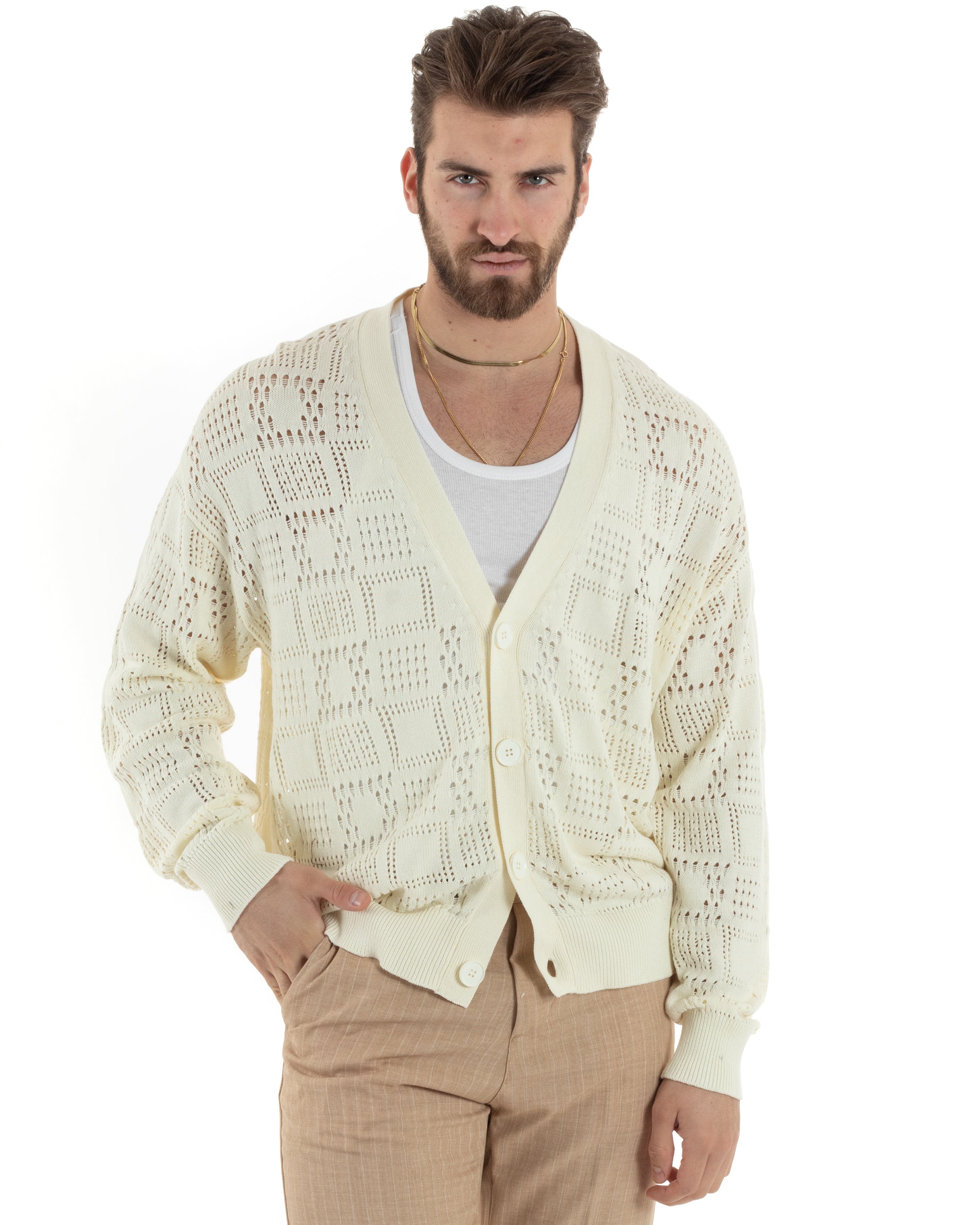 Cardigan Uomo Maglioncino Traforato Giacca Con Bottoni Panna M2814A