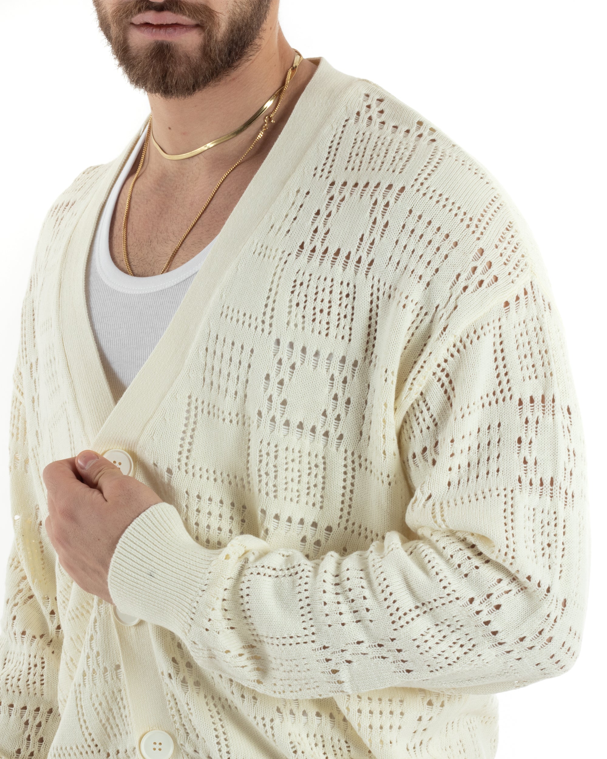 Cardigan Uomo Maglioncino Traforato Giacca Con Bottoni Panna M2814A