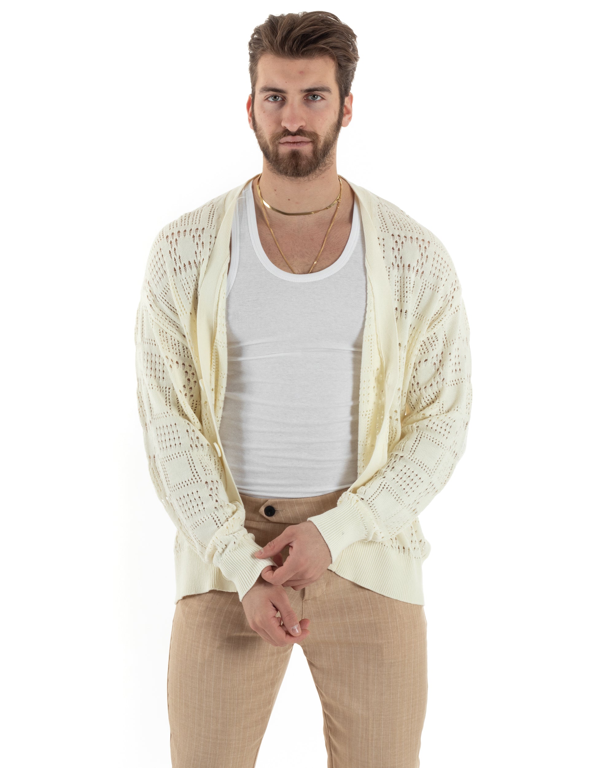 Cardigan Uomo Maglioncino Traforato Giacca Con Bottoni Panna M2814A