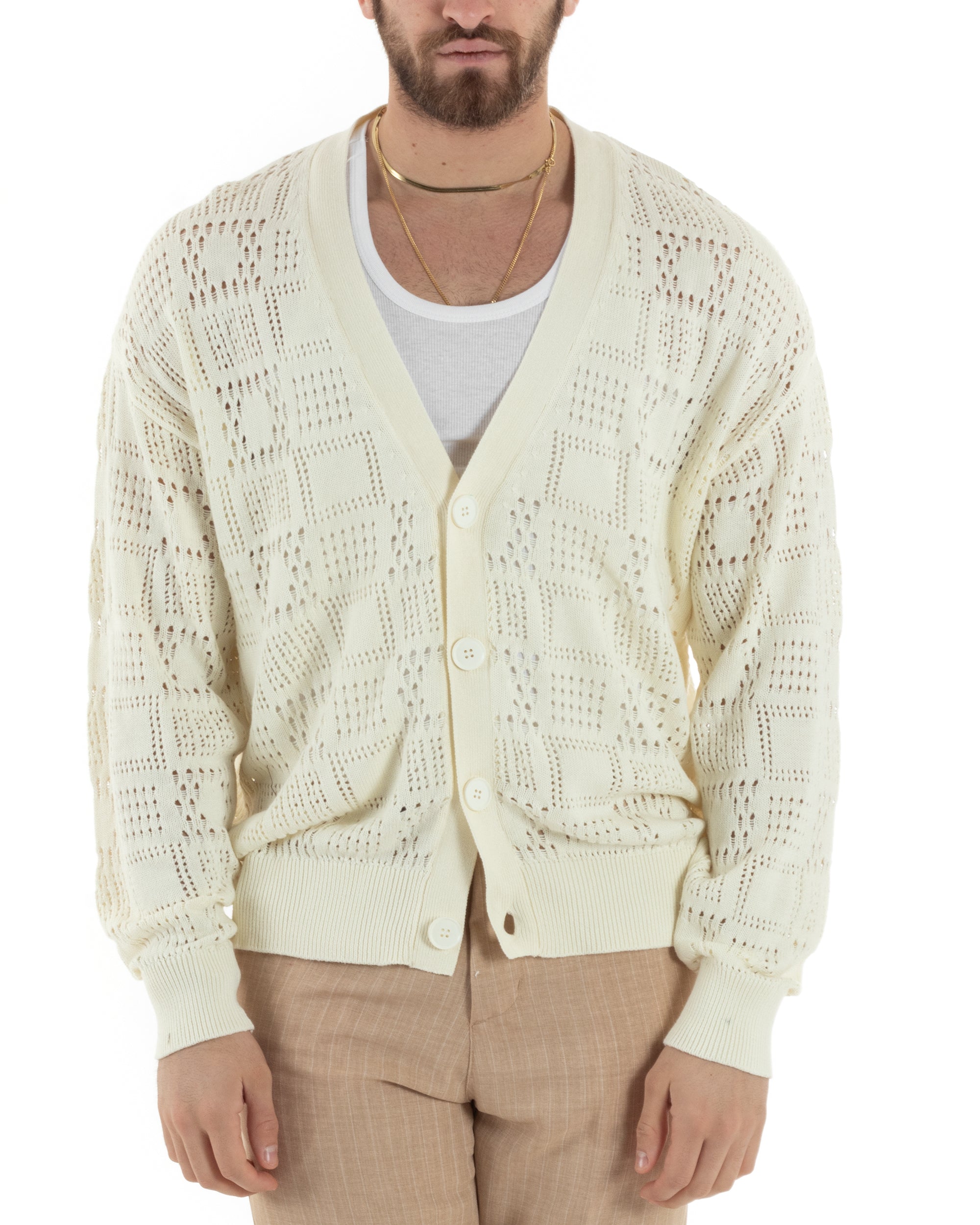 Cardigan Uomo Maglioncino Traforato Giacca Con Bottoni Panna M2814A