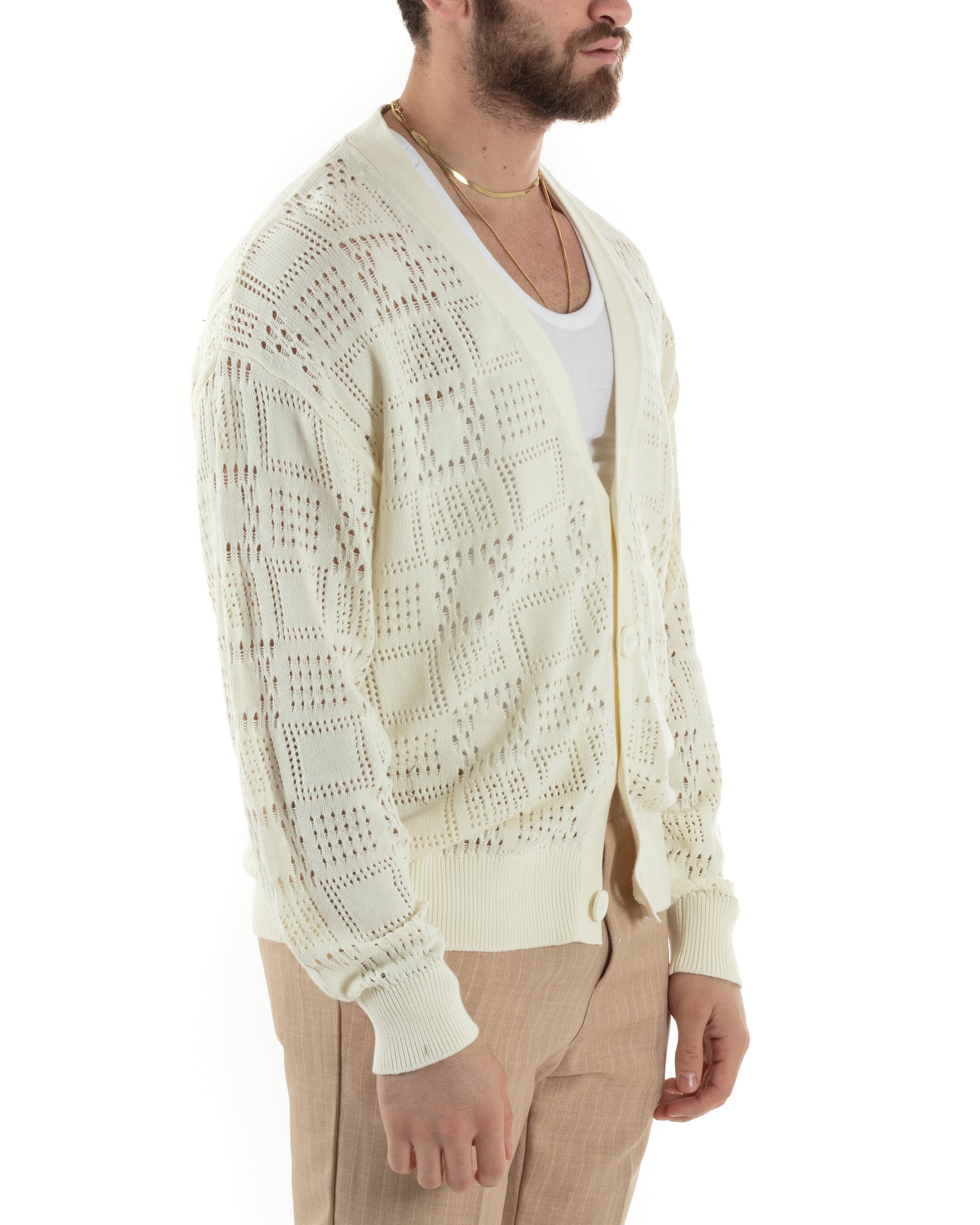 Cardigan Uomo Maglioncino Traforato Giacca Con Bottoni Panna M2814A