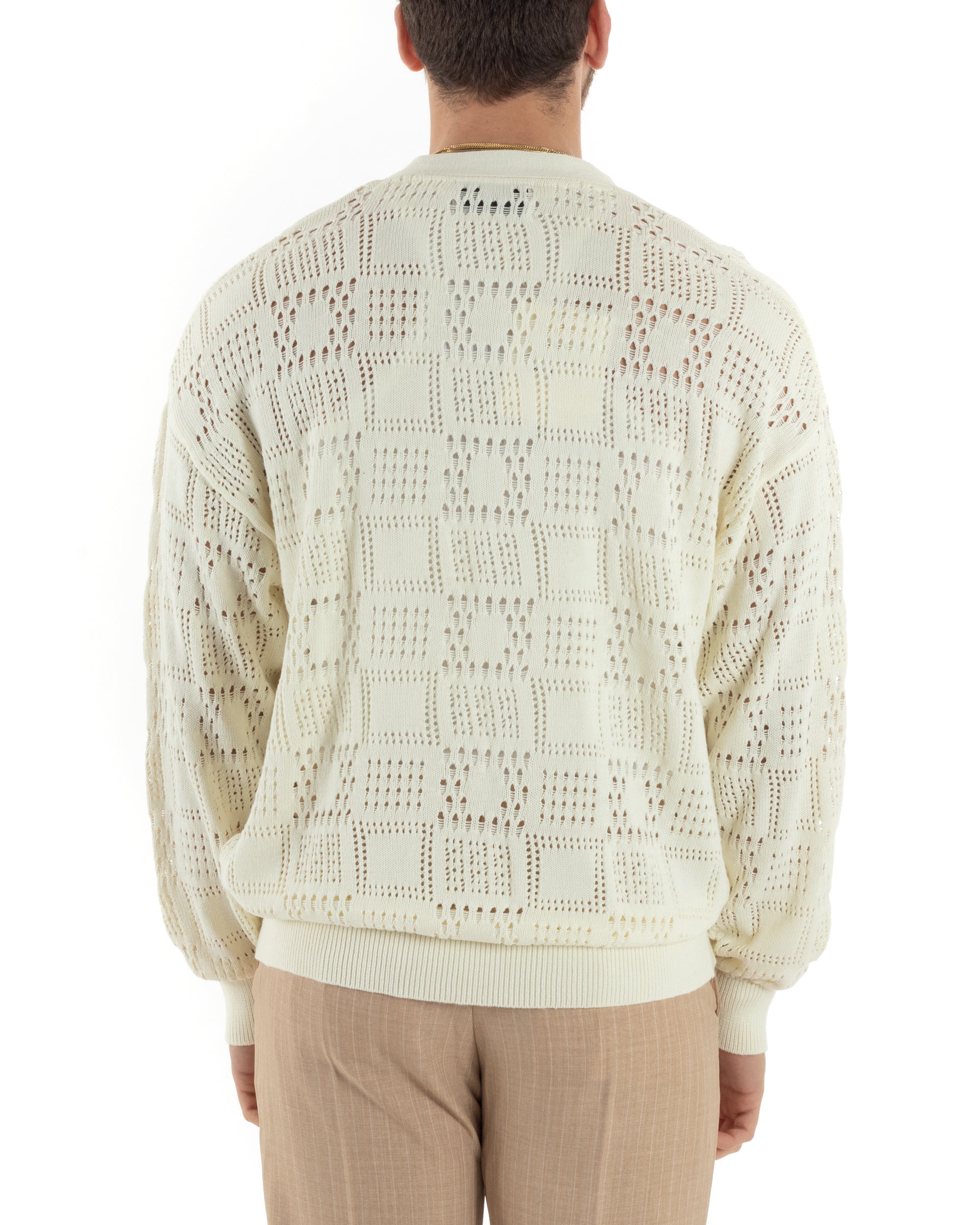 Cardigan Uomo Maglioncino Traforato Giacca Con Bottoni Panna M2814A