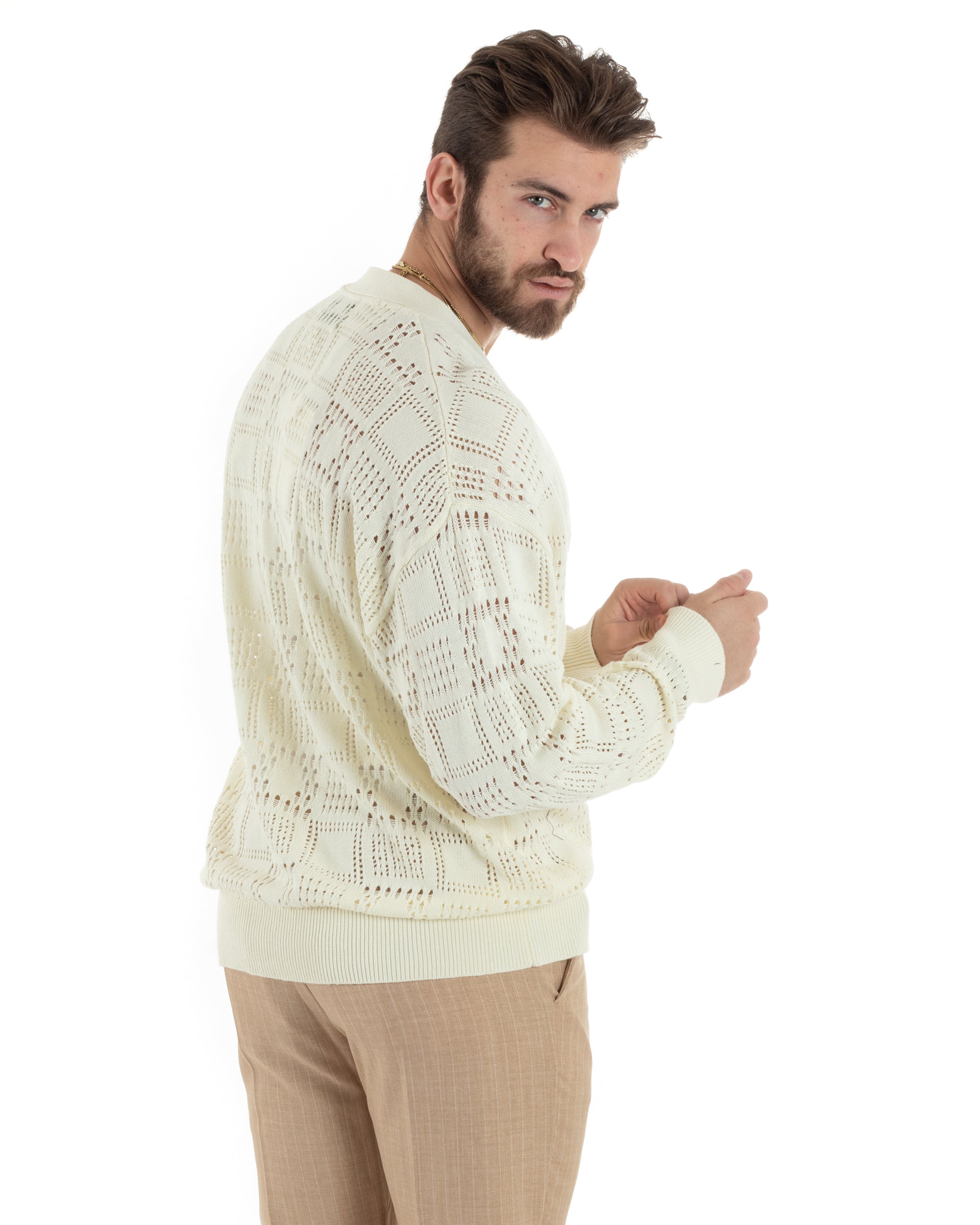 Cardigan Uomo Maglioncino Traforato Giacca Con Bottoni Panna M2814A