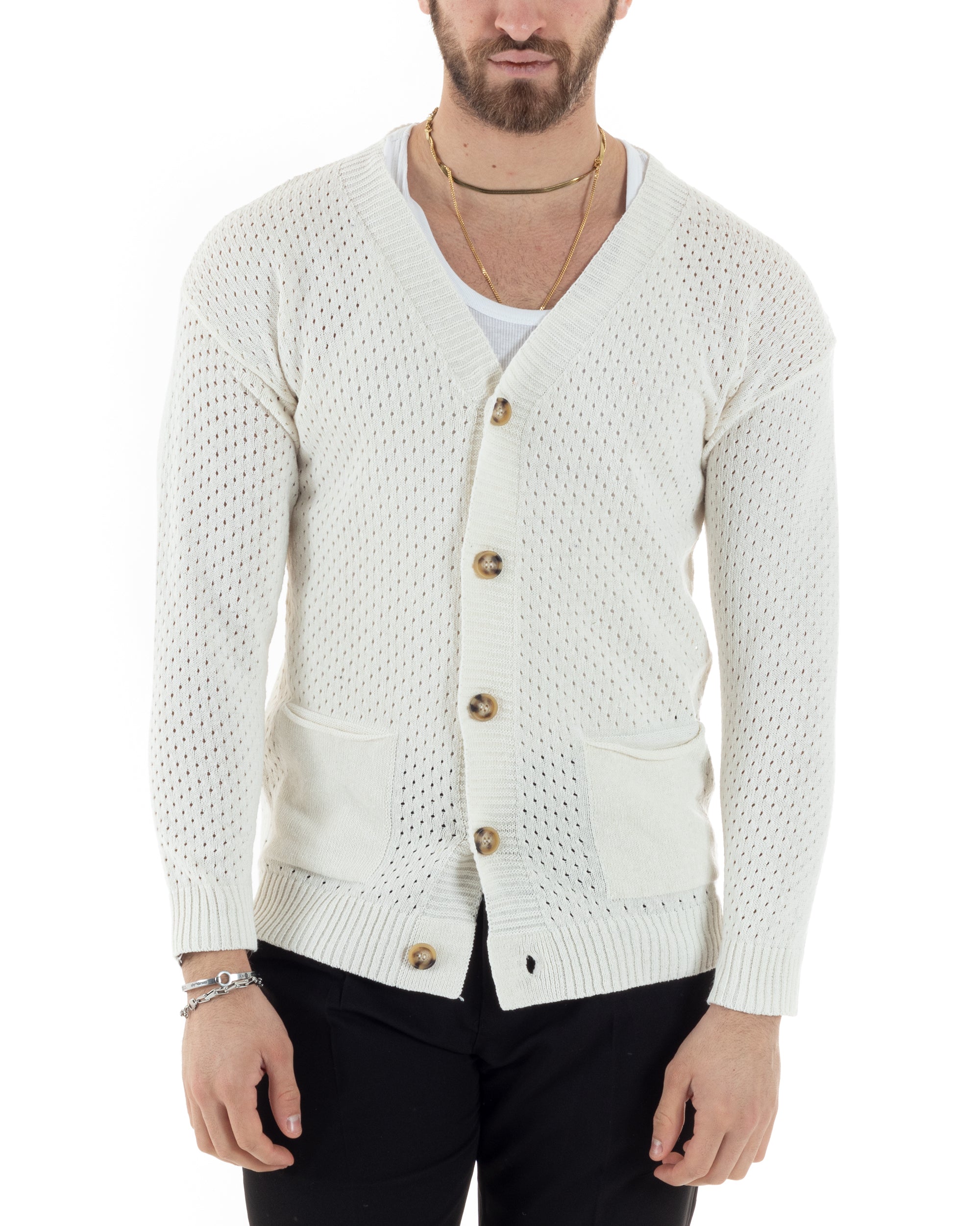 Cardigan Uomo Scollo V Maglia Bucata Maglioncino Traforato Giacca Con