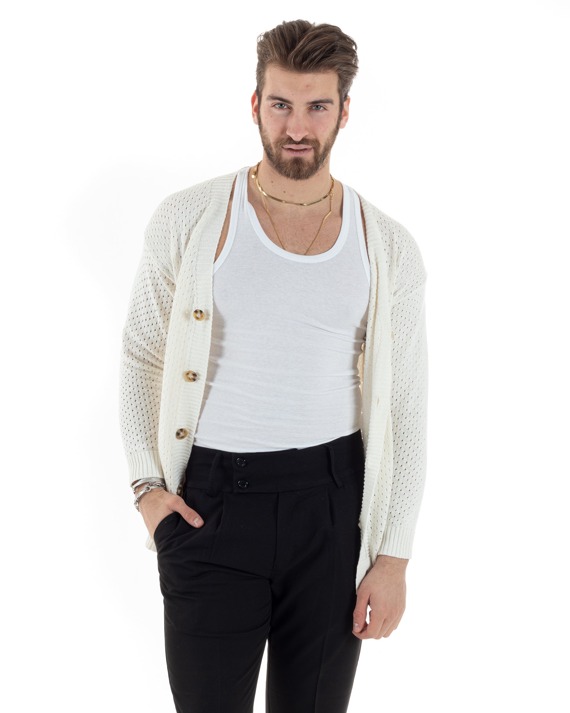 Cardigan Uomo Scollo V Maglia Bucata Maglioncino Traforato Giacca Con Bottoni Bianco Casual GIOSAL-M2822A