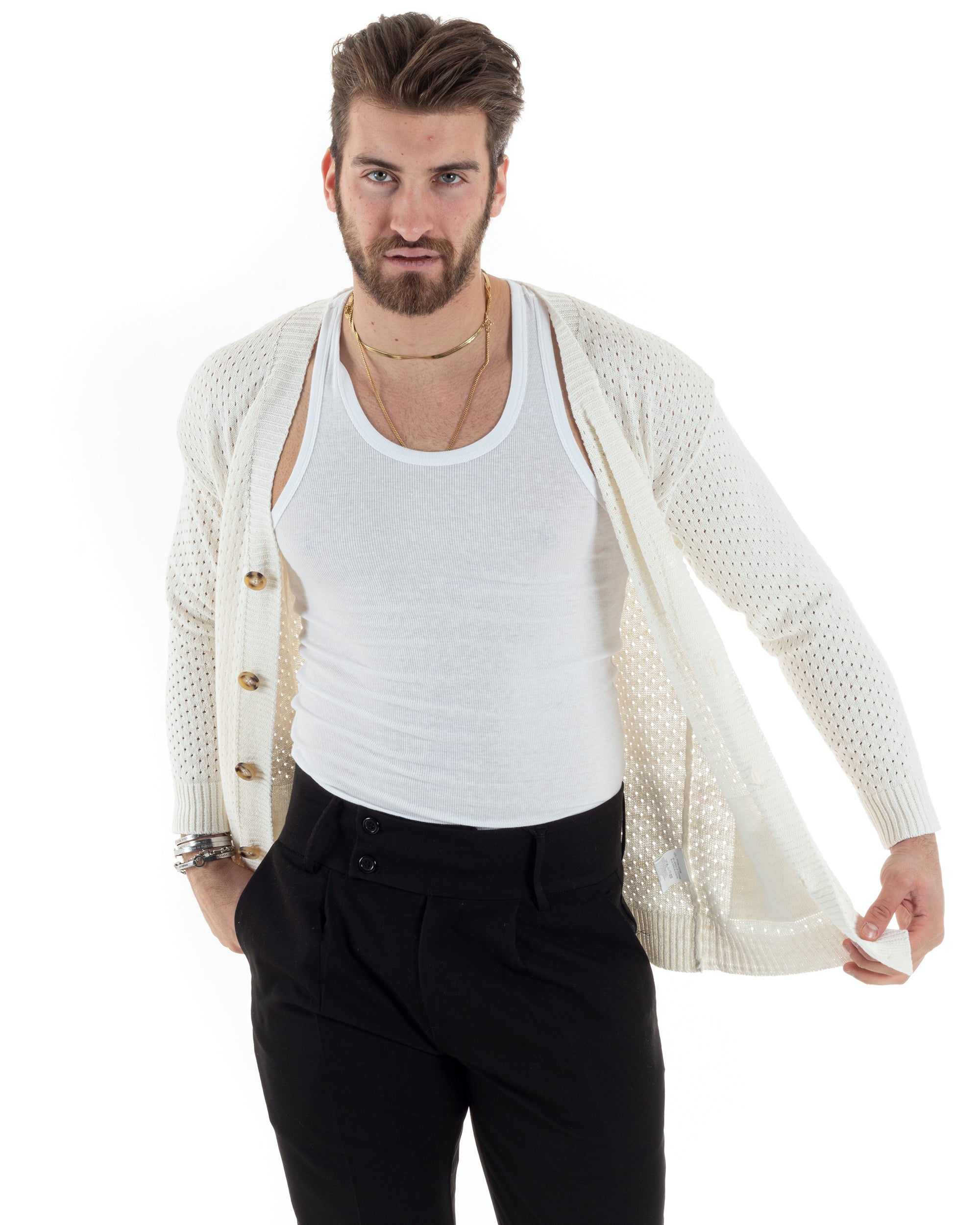 Cardigan Uomo Scollo V Maglia Bucata Maglioncino Traforato Giacca Con Bottoni Bianco Casual GIOSAL-M2822A