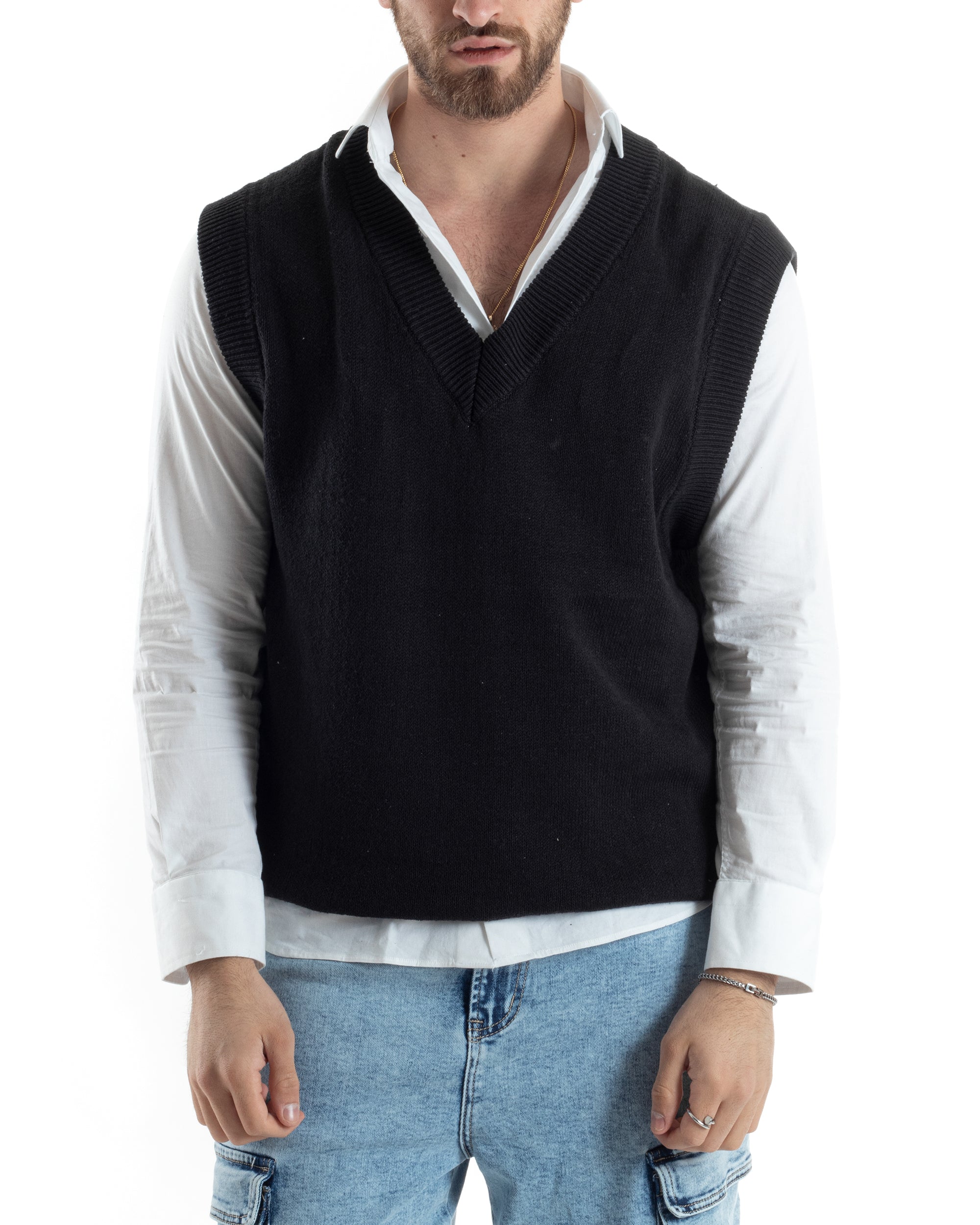 Maglia Gilet Uomo Maglioncino Scollo V Smanicato Basic Casual Tinta Un