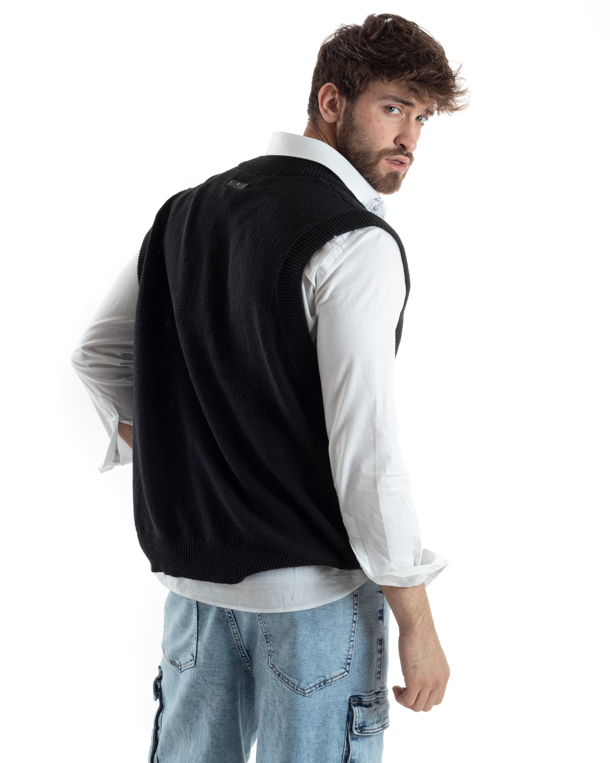 Maglia Gilet Uomo Maglioncino Scollo V Smanicato Basic Casual Tinta Unita Nero GIOSAL-M2827A