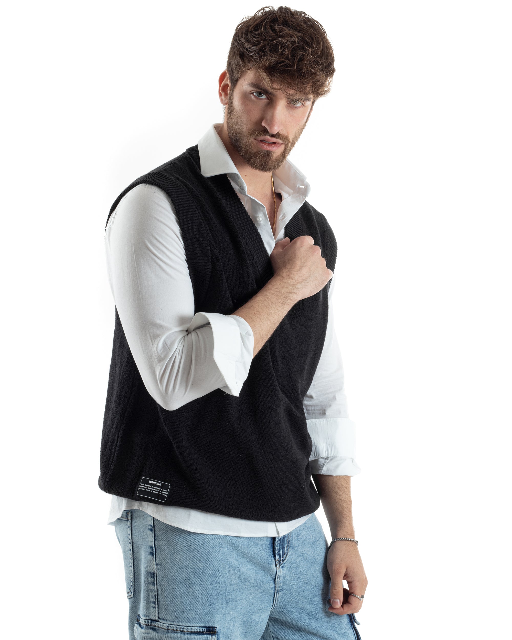 Maglia Gilet Uomo Maglioncino Scollo V Smanicato Basic Casual Tinta Unita Nero GIOSAL-M2827A