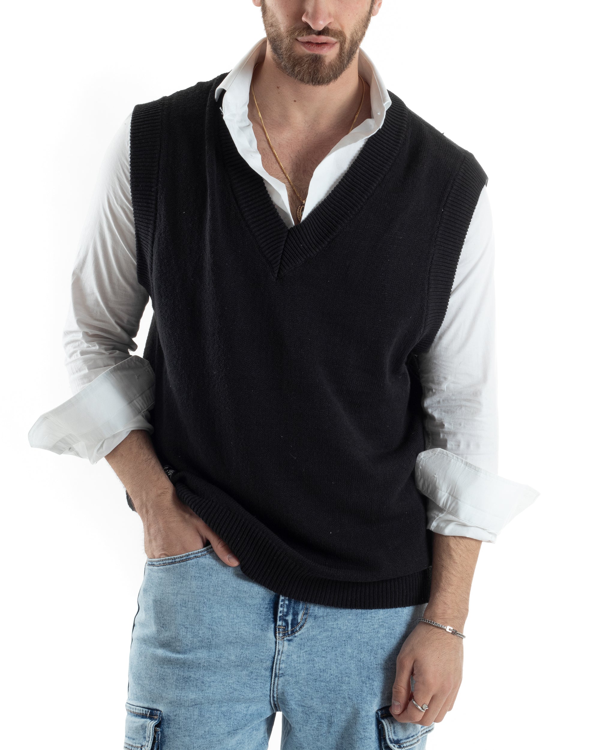 Maglia Gilet Uomo Maglioncino Scollo V Smanicato Basic Casual Tinta Unita Nero GIOSAL-M2827A