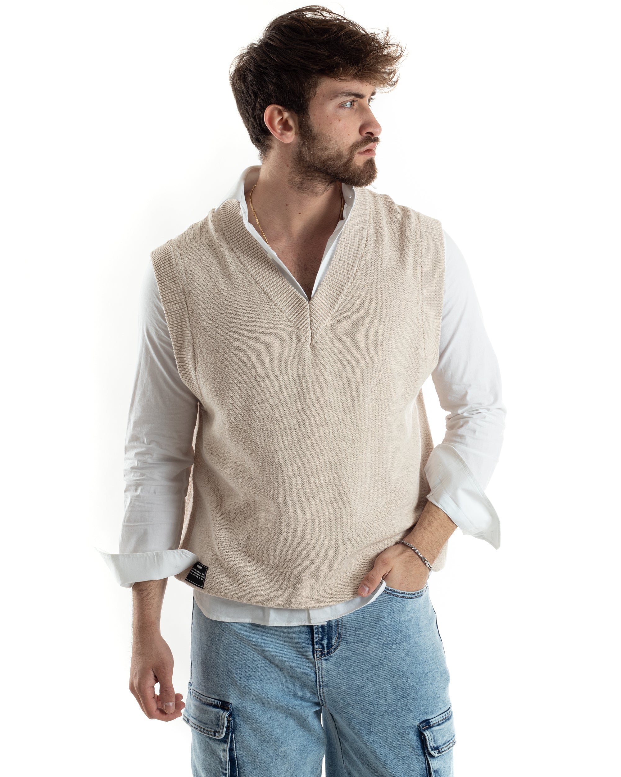 Maglia Gilet Uomo Maglioncino Scollo V Smanicato Basic Casual Tinta Unita Beige GIOSAL-M2828A