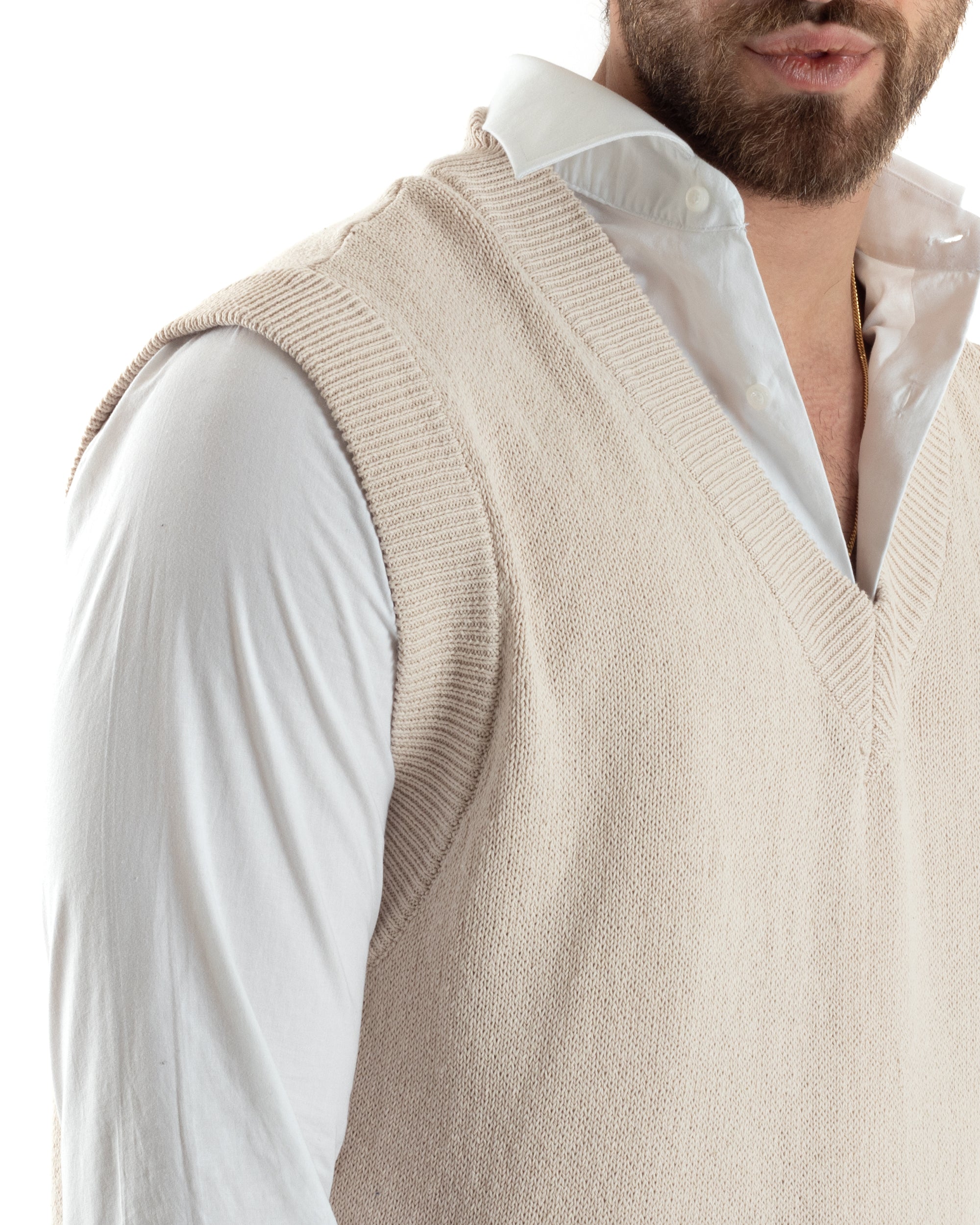 Maglia Gilet Uomo Maglioncino Scollo V Smanicato Basic Casual Tinta Unita Beige GIOSAL-M2828A