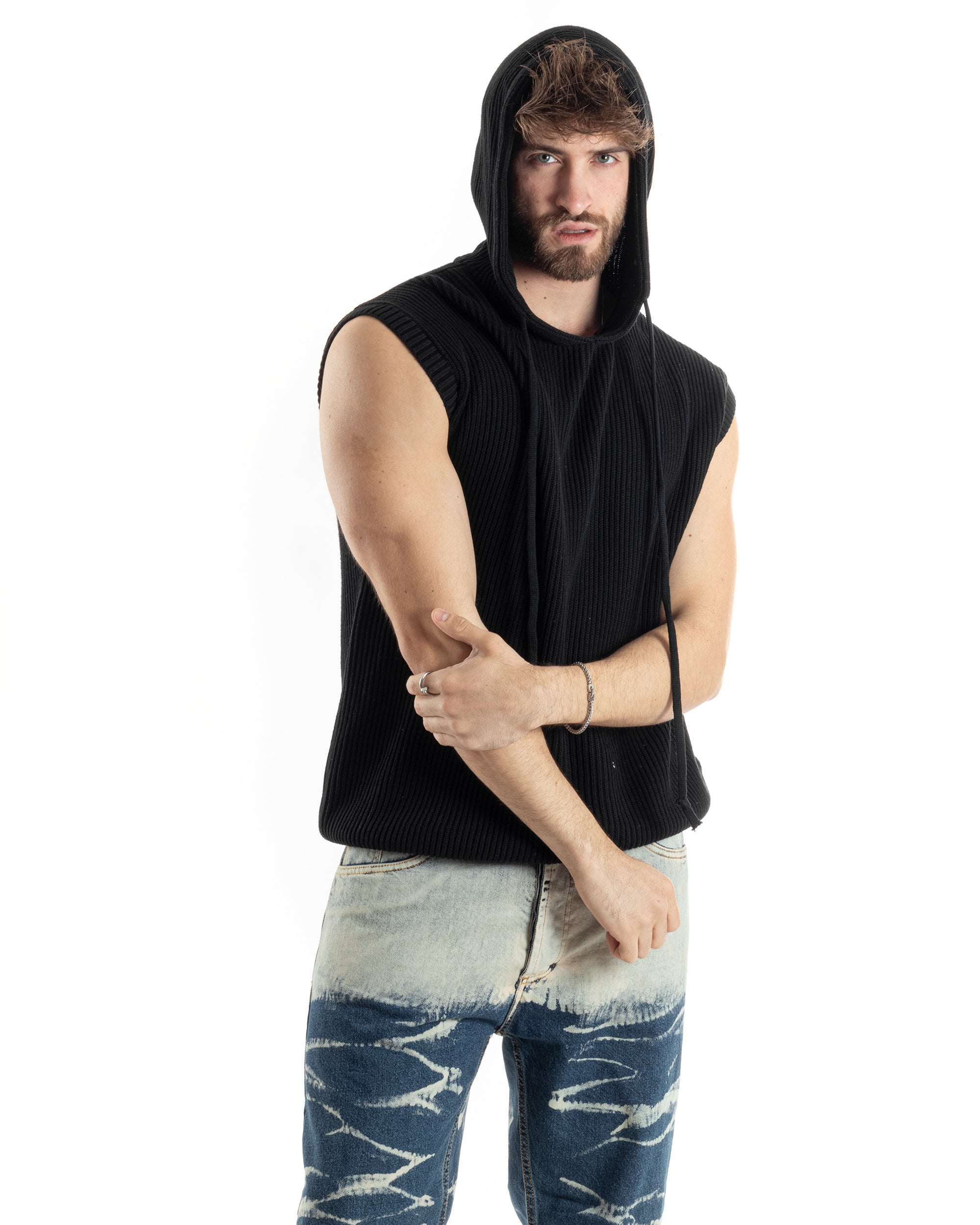 Maglia Gilet Uomo Maglioncino Con Cappuccio Smanicato Basic Casual Tinta Unita Nero GIOSAL-M2829A