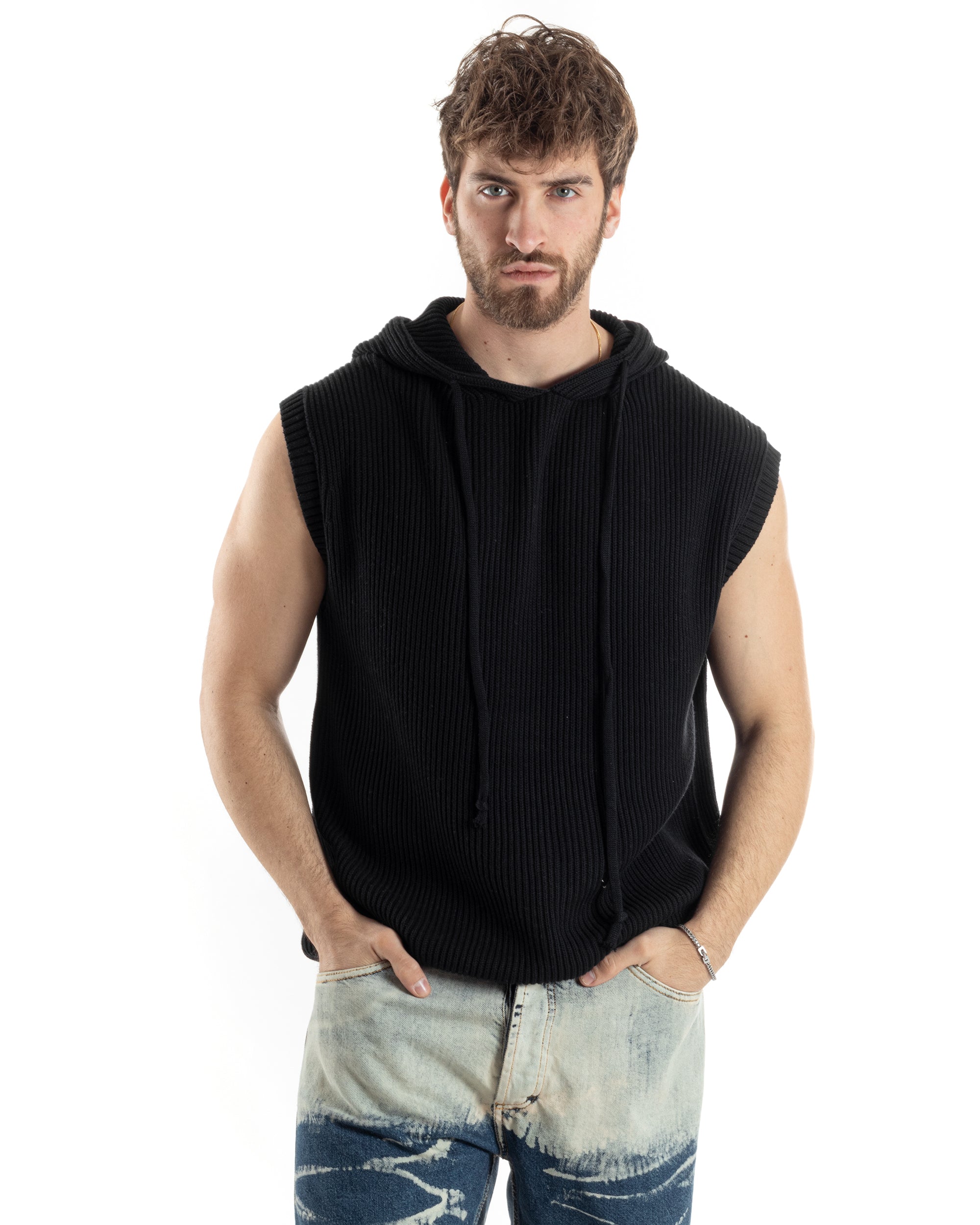 Maglia Gilet Uomo Maglioncino Con Cappuccio Smanicato Basic Casual Tinta Unita Nero GIOSAL-M2829A