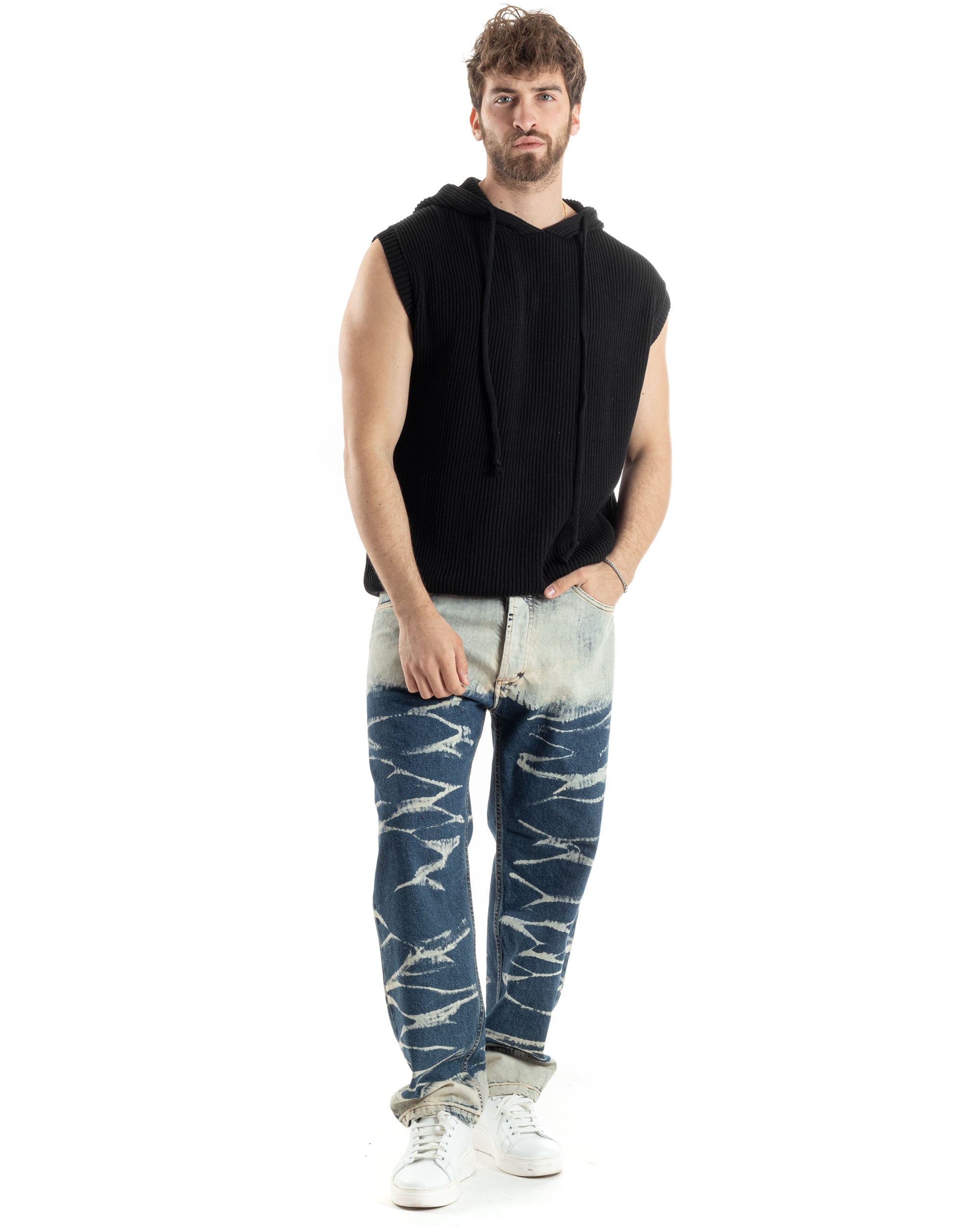 Maglia Gilet Uomo Maglioncino Con Cappuccio Smanicato Basic Casual Tinta Unita Nero GIOSAL-M2829A