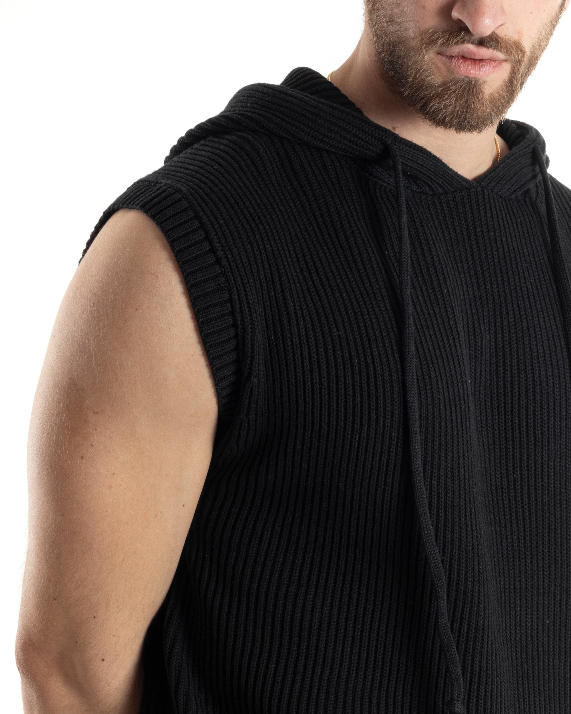 Maglia Gilet Uomo Maglioncino Con Cappuccio Smanicato Basic Casual Tinta Unita Nero GIOSAL-M2829A