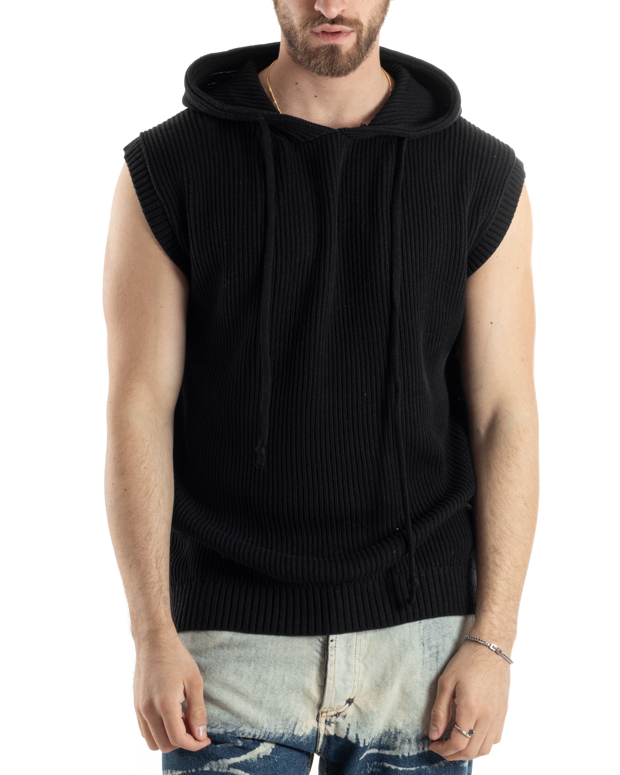 Maglia Gilet Uomo Maglioncino Con Cappuccio Smanicato Basic Casual Tinta Unita Nero GIOSAL-M2829A