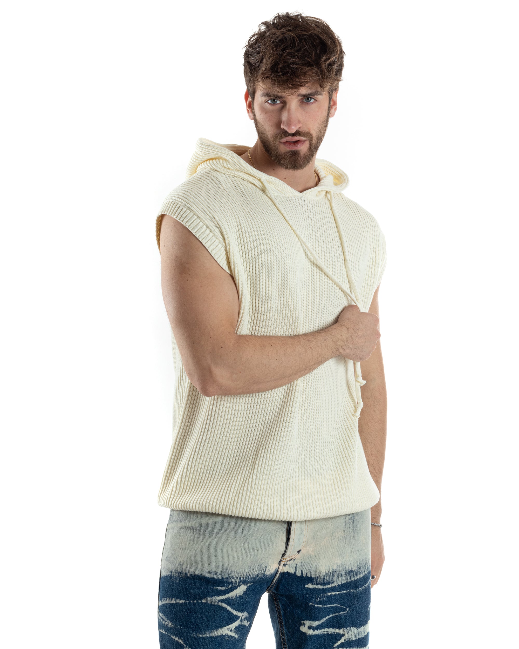 Maglia Gilet Uomo Maglioncino Con Cappuccio Smanicato Basic Casual Tinta Unita Bianco GIOSAL-M2830A