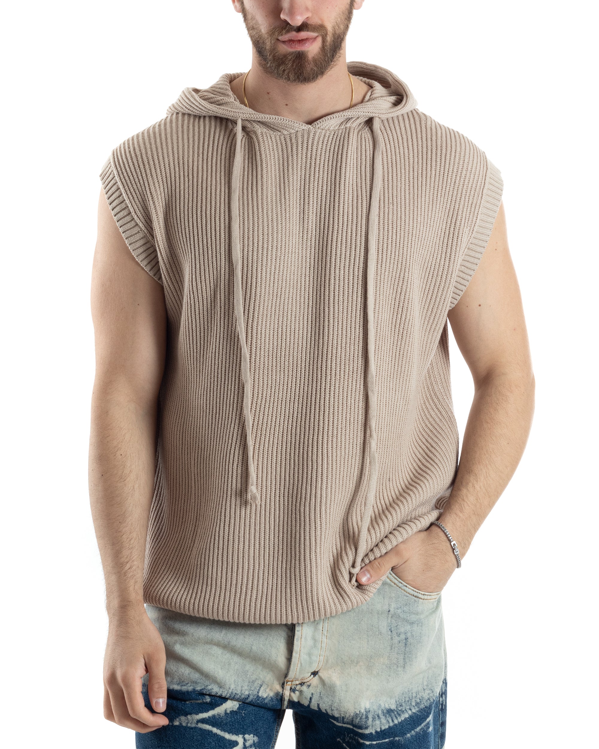 Maglia Gilet Uomo Maglioncino Con Cappuccio Smanicato Basic Casual Tinta Unita Beige GIOSAL-M2831A