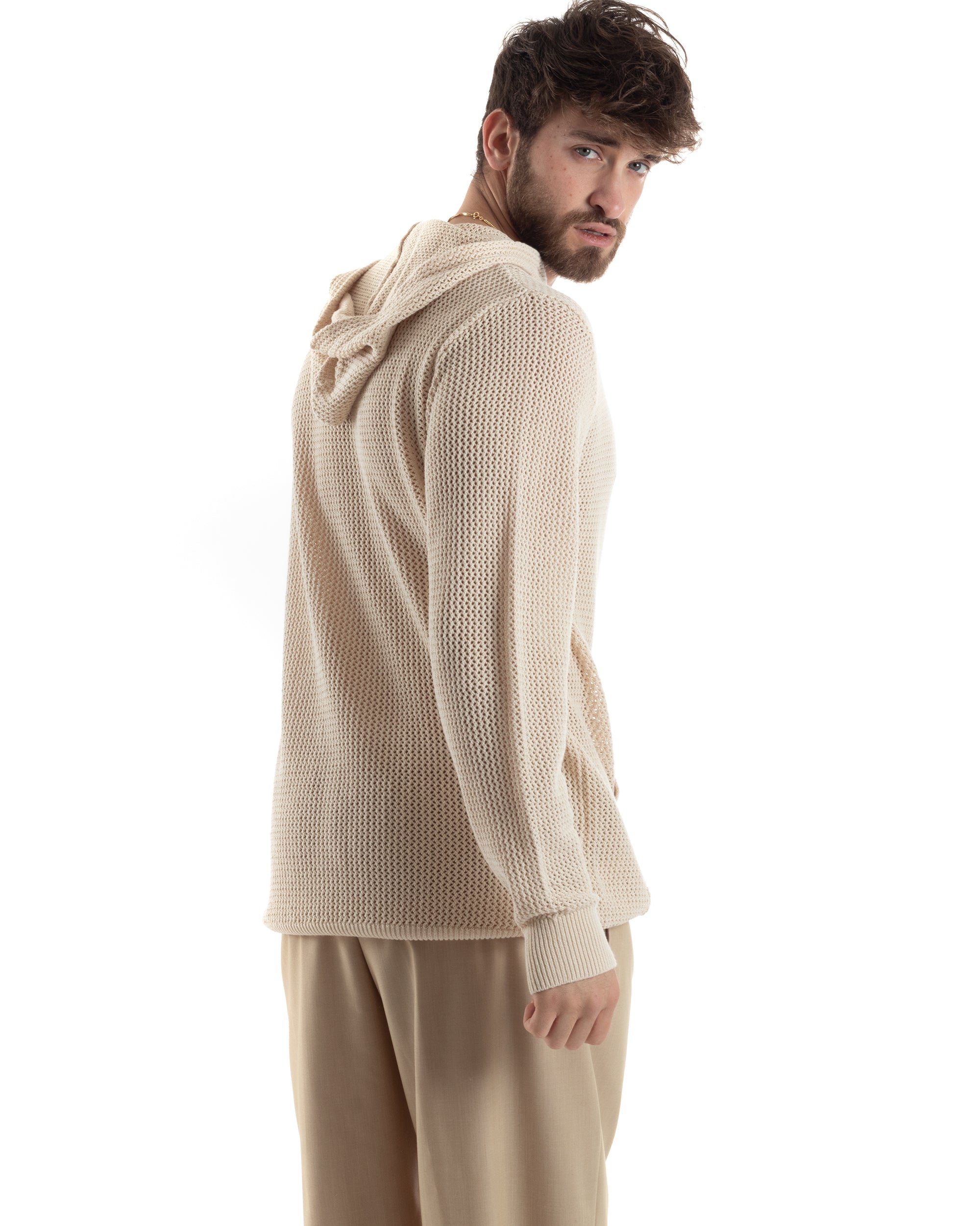 Maglioncino Uomo Traforato Con Cappuccio Maglia Bucata Tinta Unita Beige GIOSAL-M2833A