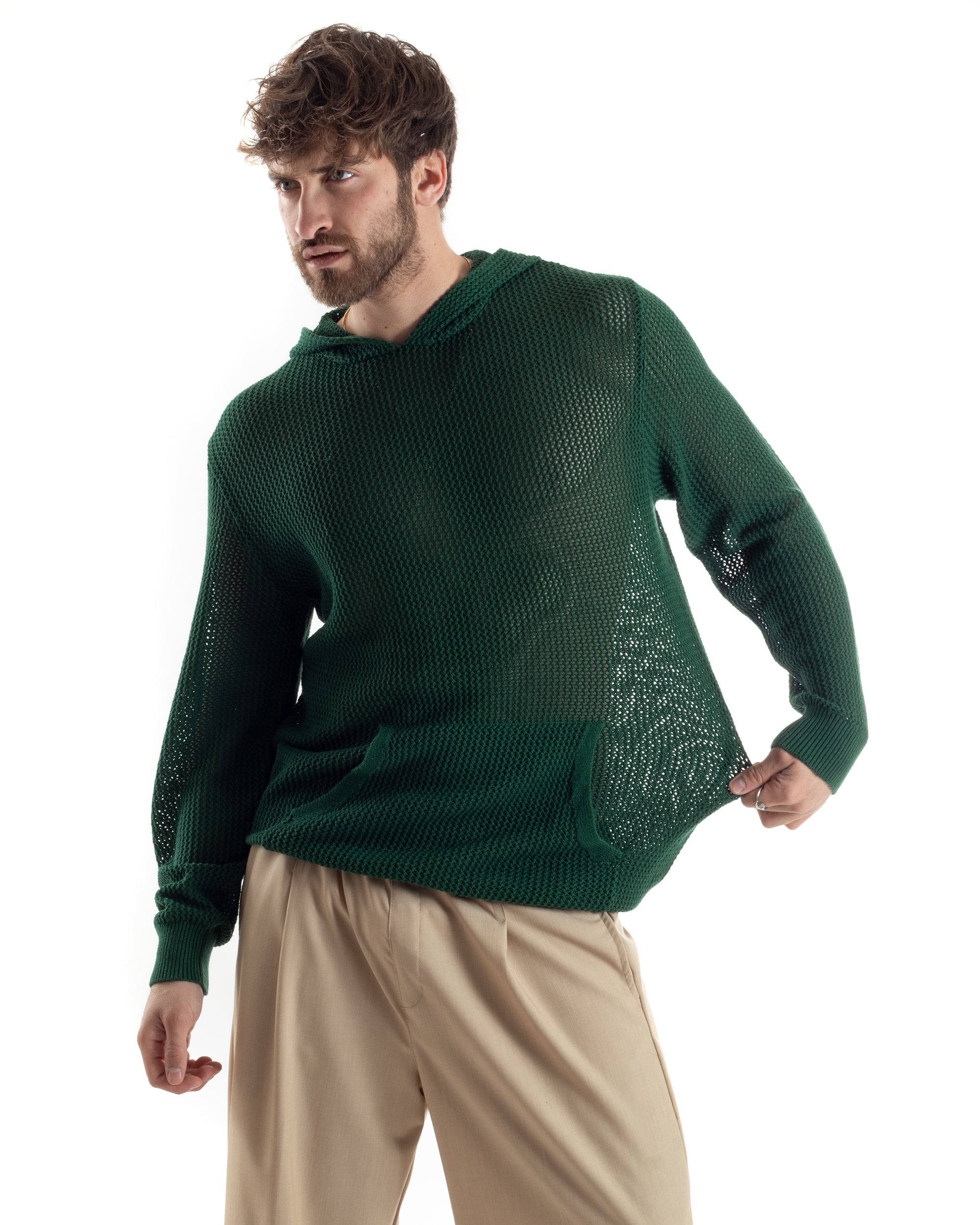 Maglioncino Uomo Traforato Con Cappuccio Maglia Bucata Tinta Unita Verde GIOSAL-M2835A