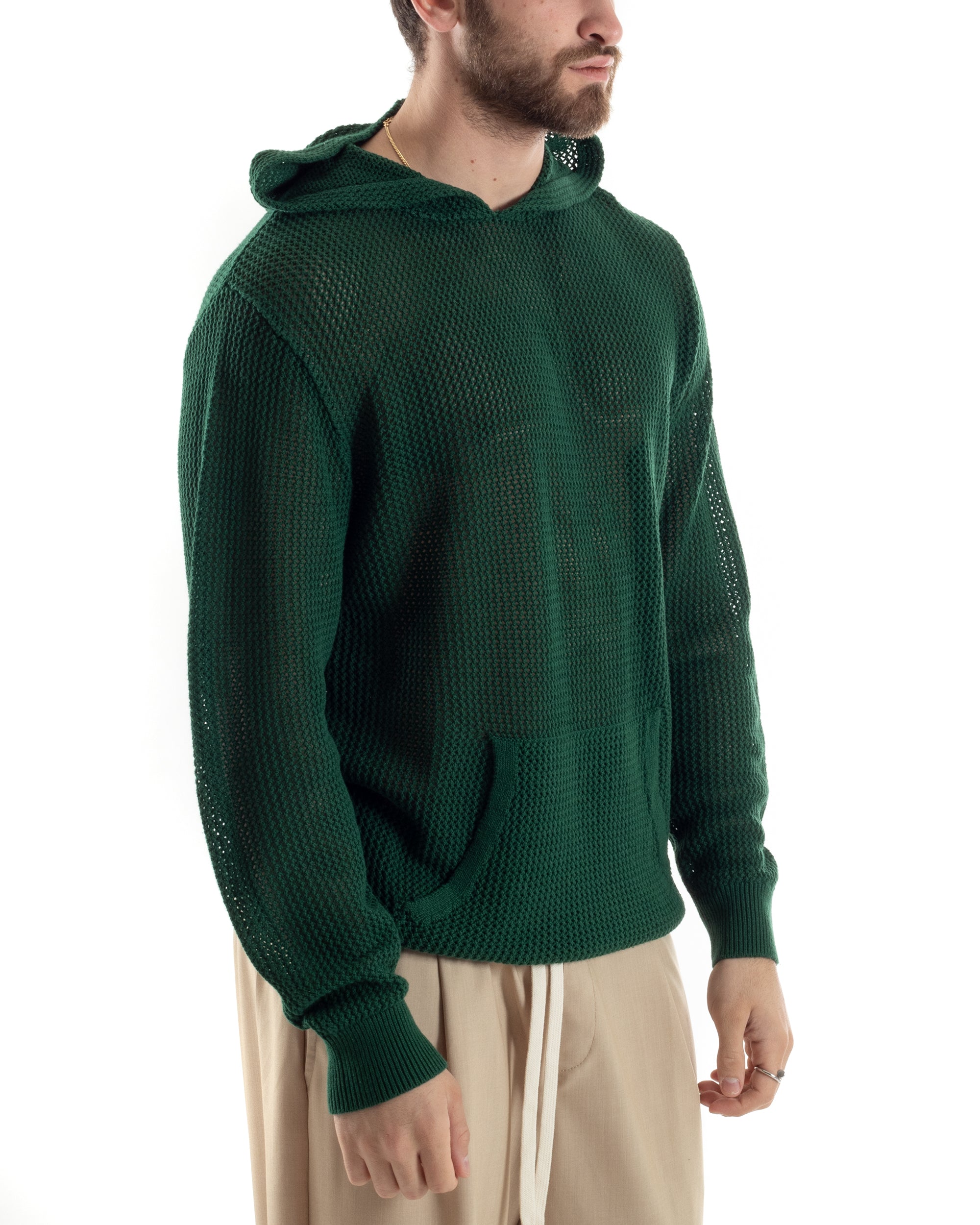 Maglioncino Uomo Traforato Con Cappuccio Maglia Bucata Tinta Unita Verde GIOSAL-M2835A