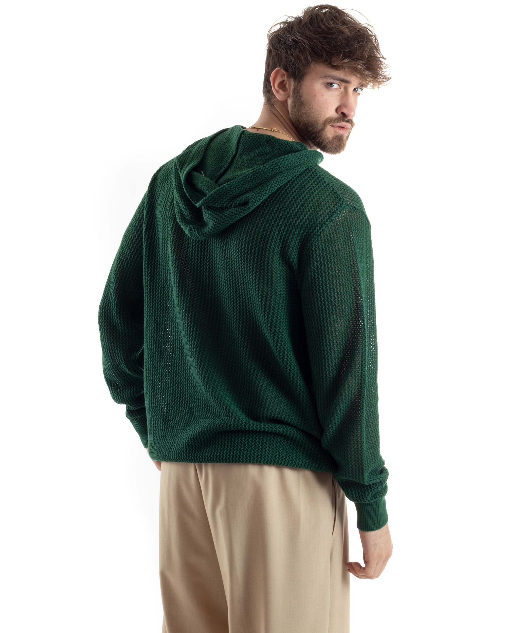 Maglioncino Uomo Traforato Con Cappuccio Maglia Bucata Tinta Unita Verde GIOSAL-M2835A