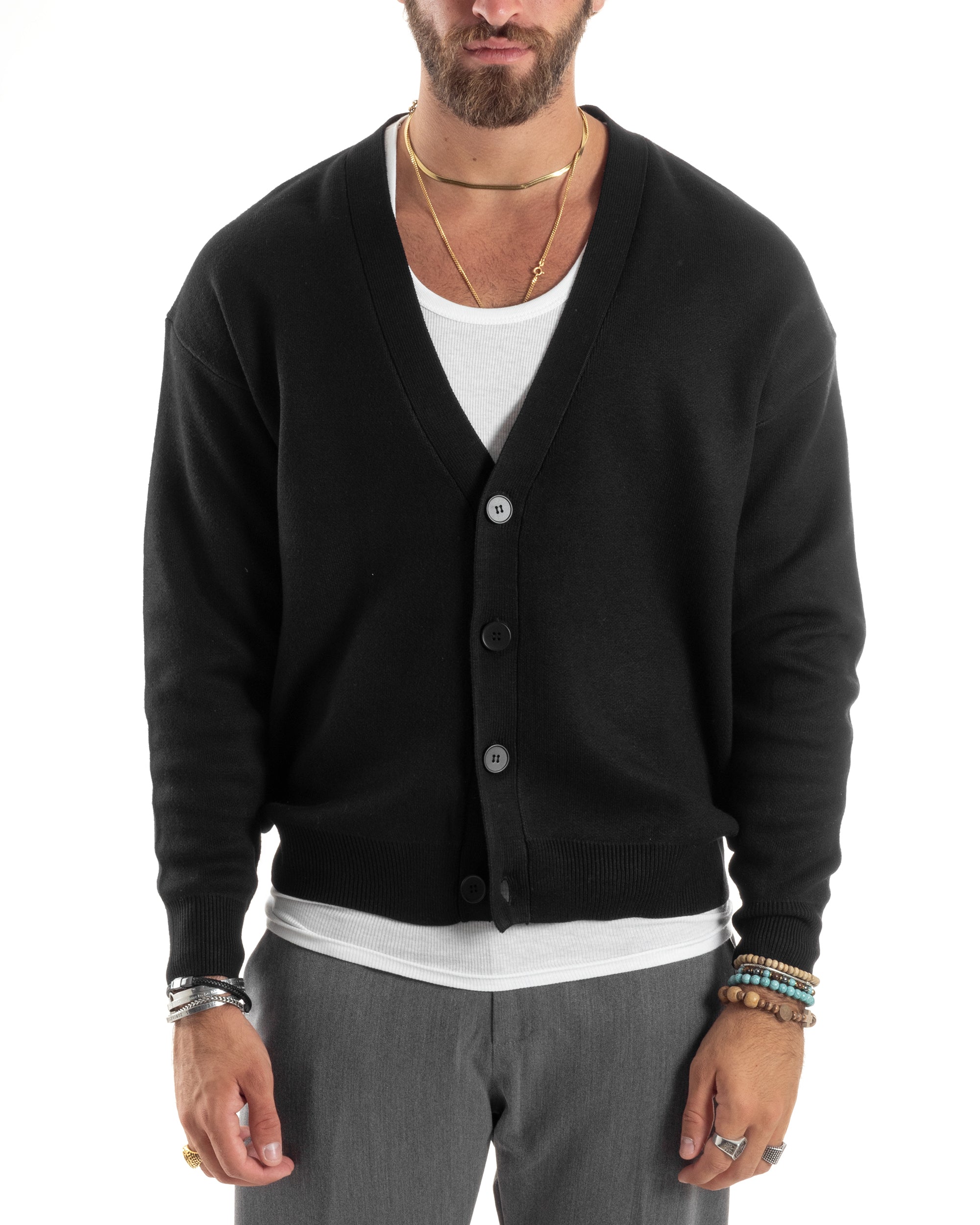 Cardigan Uomo Boxy Fit Cropped Maglia Lana Nero M2844A