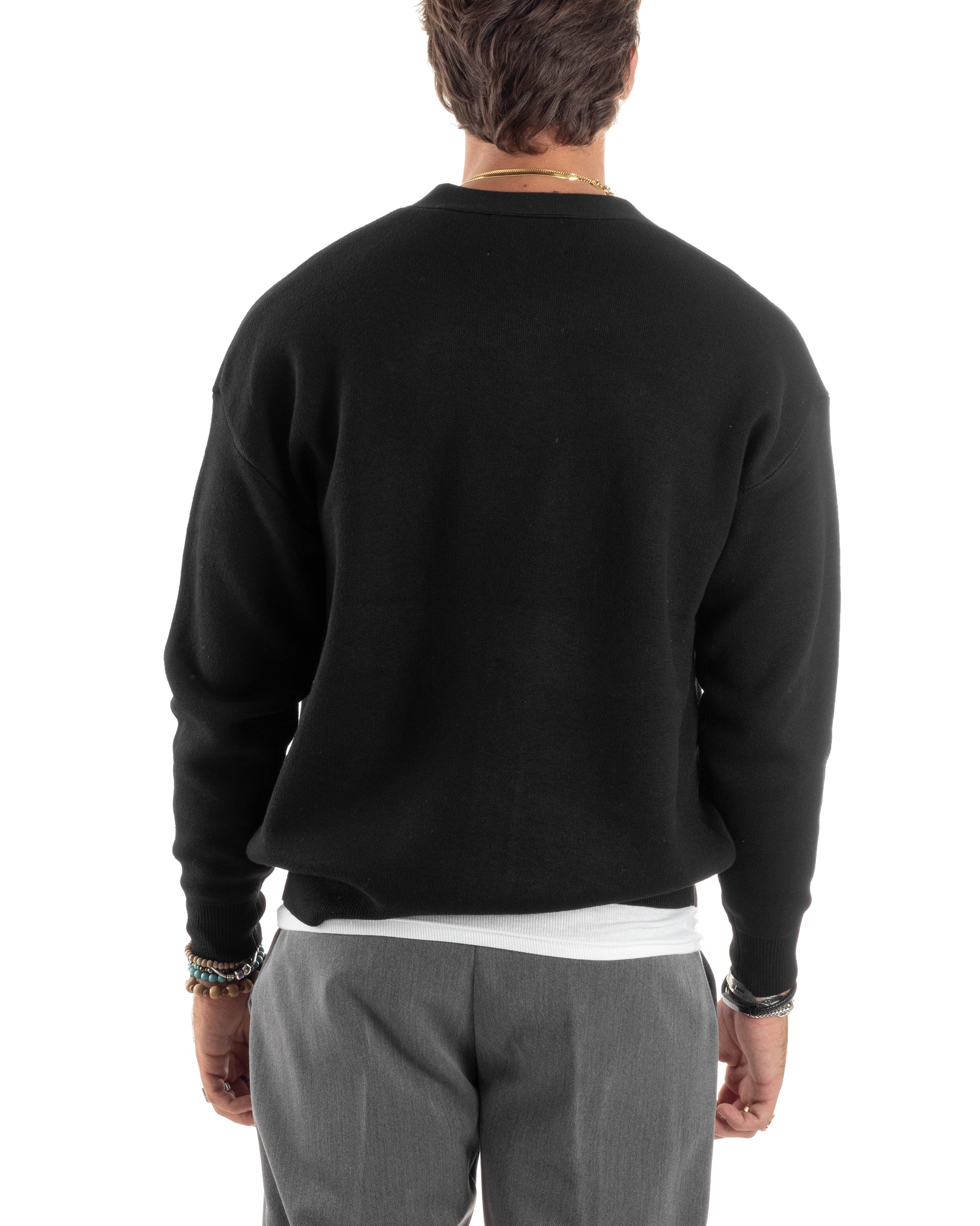 Cardigan Uomo Boxy Fit Cropped Maglia Lana Nero M2844A