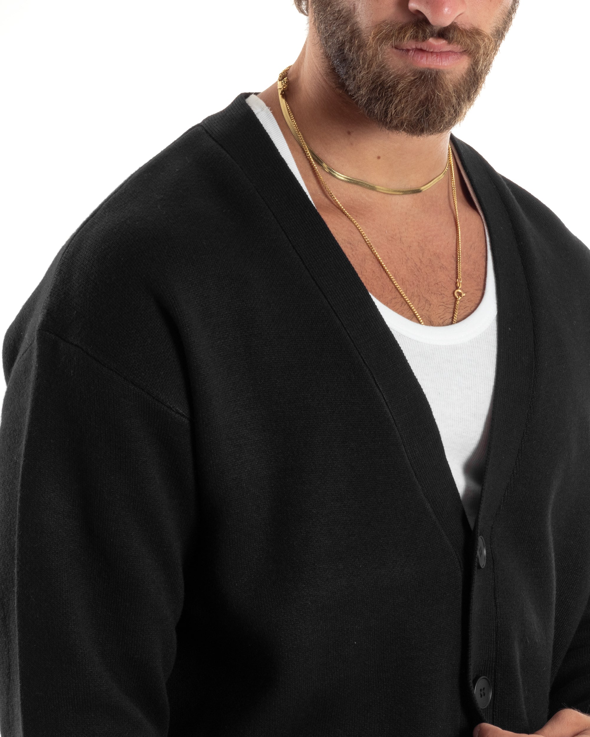 Cardigan Uomo Boxy Fit Cropped Maglia Lana Nero M2844A