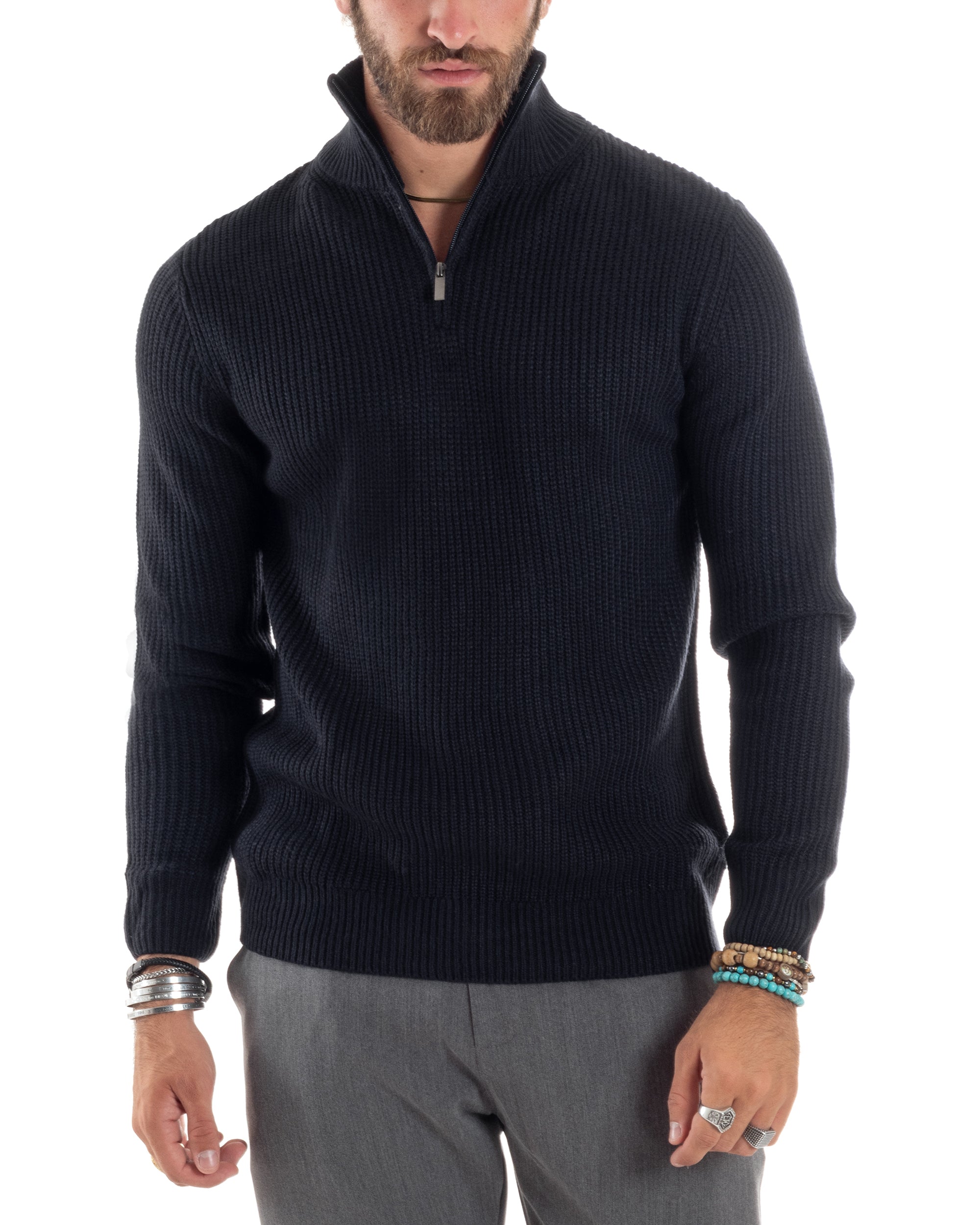 Maglioncino Uomo Scollo Con Cerniera Maglia Inglese Maniche Lunghe Bas