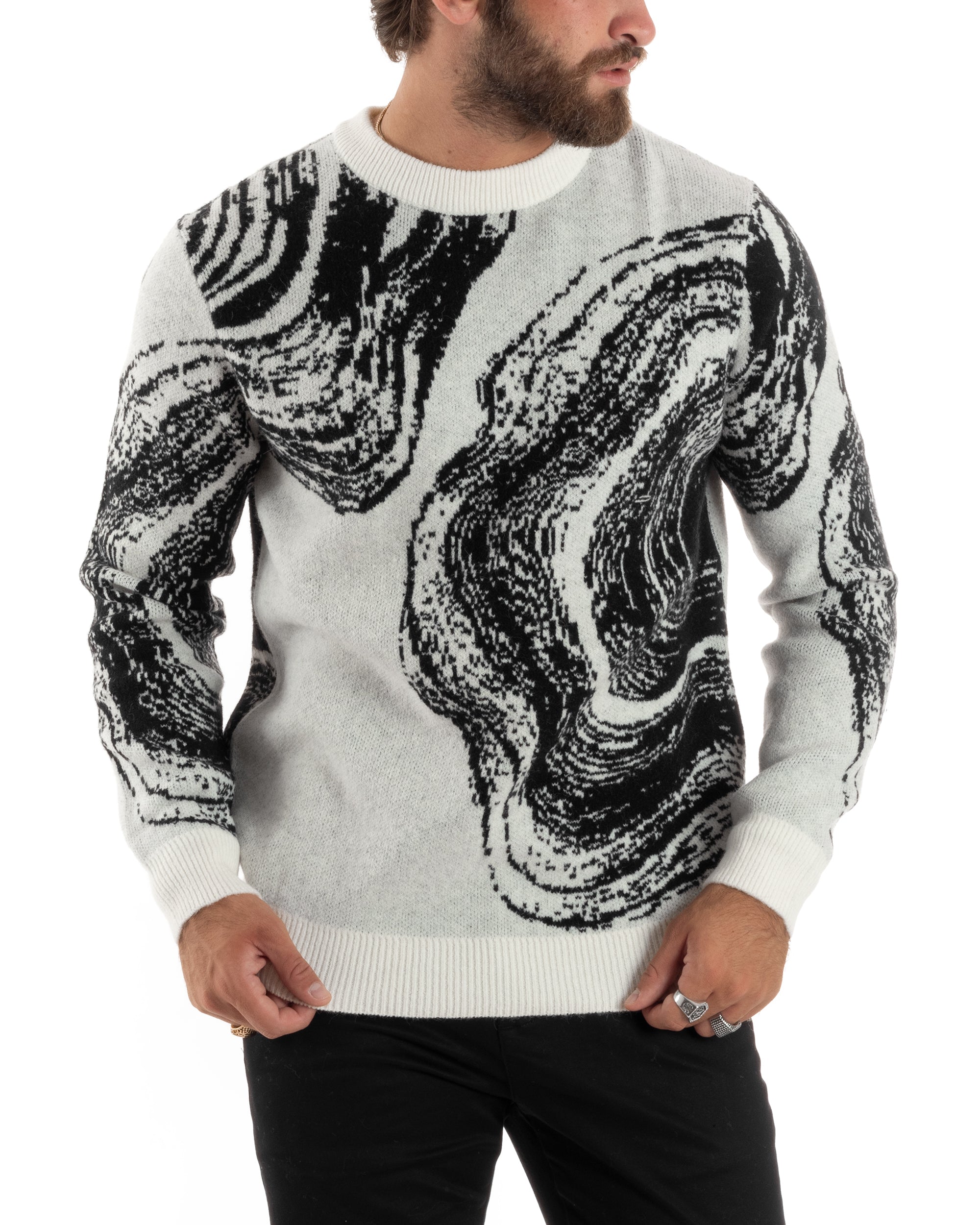 Maglione Uomo Girocollo Caldo Cotone Rasato Marmorizzato Maglia Maniche Lunghe Oversize Casual Bicolore Sfumata Panna GIOSAL-M2864A