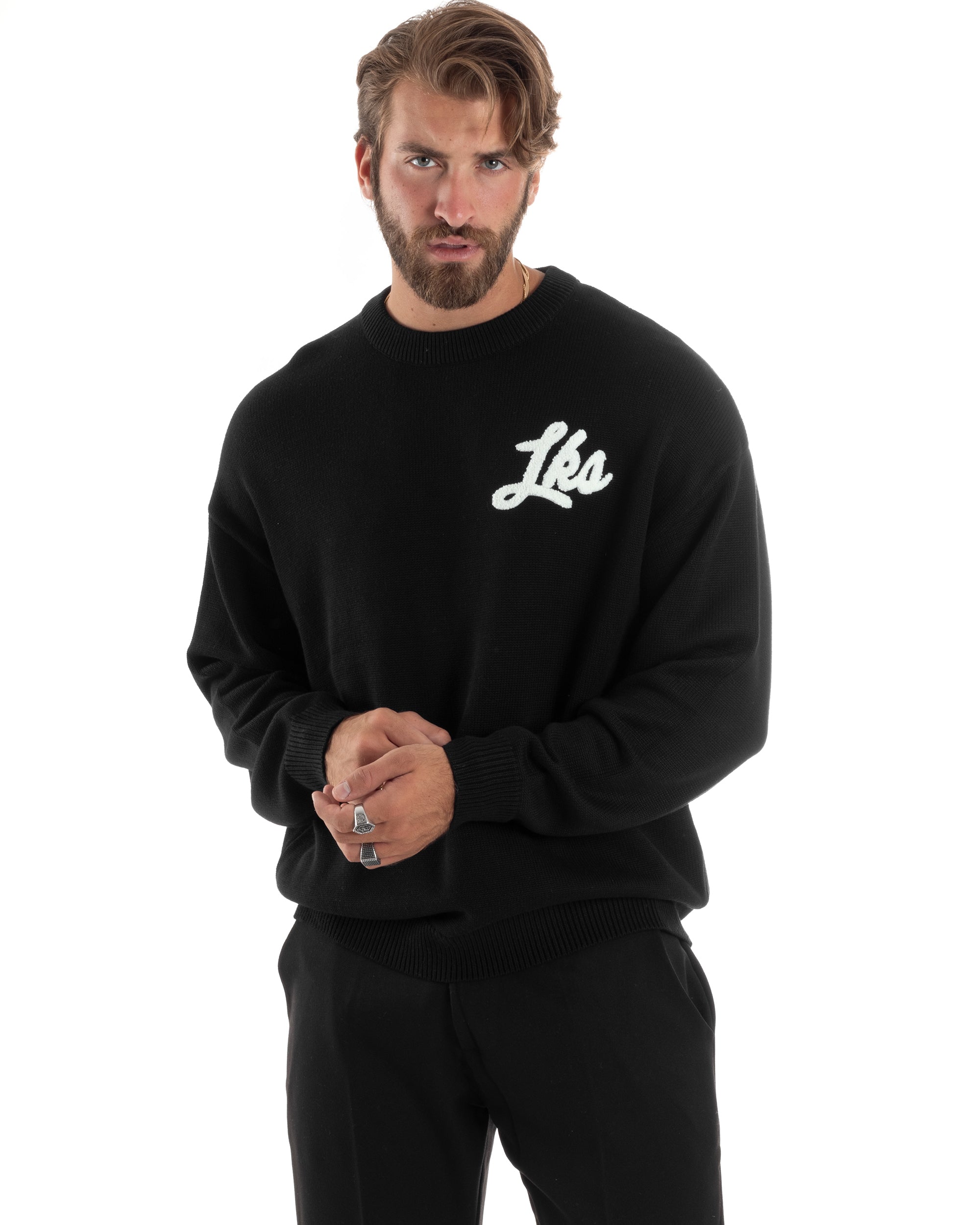 Maglione Uomo Girocollo Con Ricamo Teddy Caldo Cotone Maglia Maniche Lunghe Oversize Comoda Casual Bicolore Nero GIOSAL-M2867A