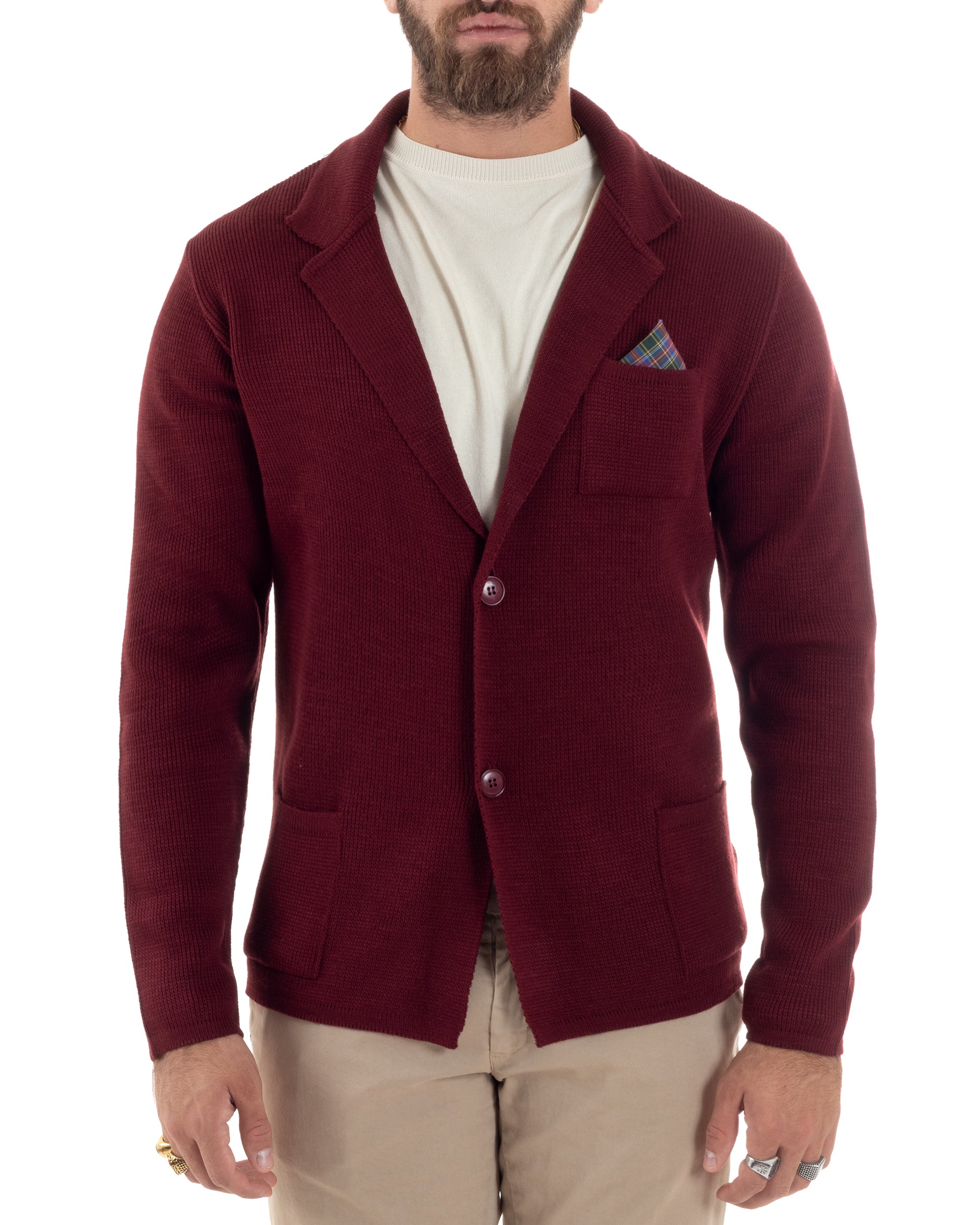 Cardigan Uomo Giacca Con Bottoni Maglia Casual Bordeaux M2872A